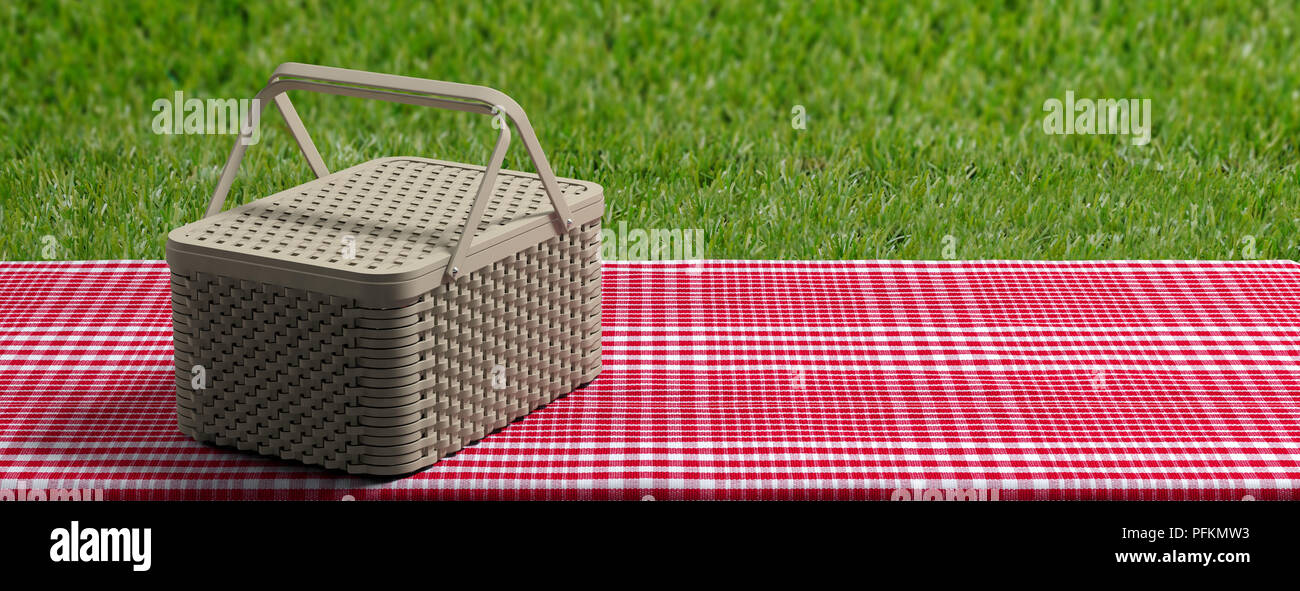 Panier pique-nique, nappe à carreaux rouges sur fond d'herbe verte, bannière, copiez l'espace. 3d illustration Banque D'Images