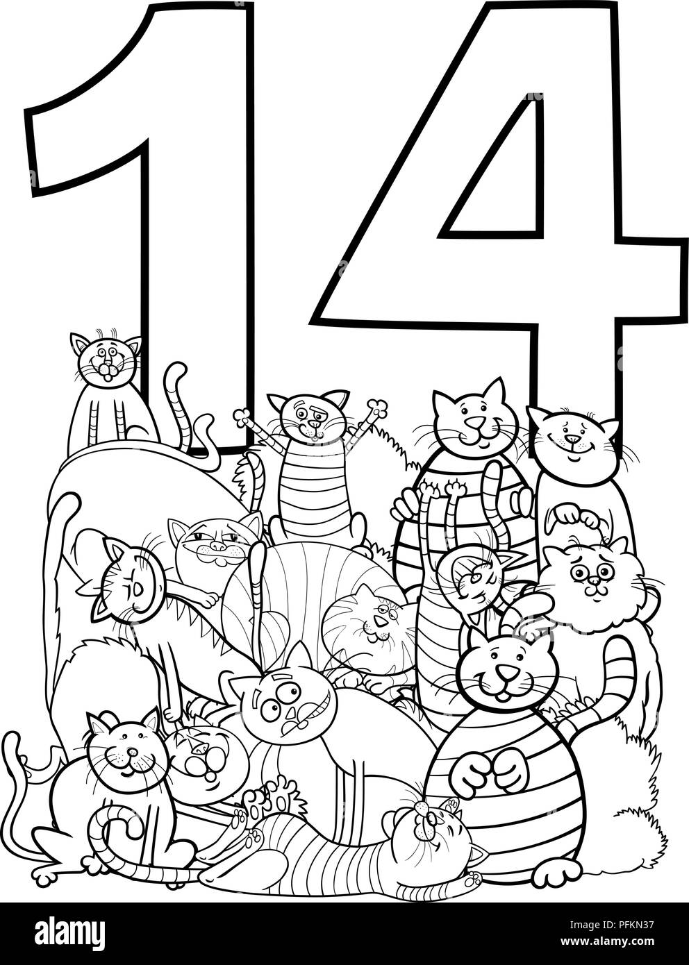 Cartoon noir et blanc Illustration du nombre 14 et de Chat Groupe Caractères Coloring Book Illustration de Vecteur