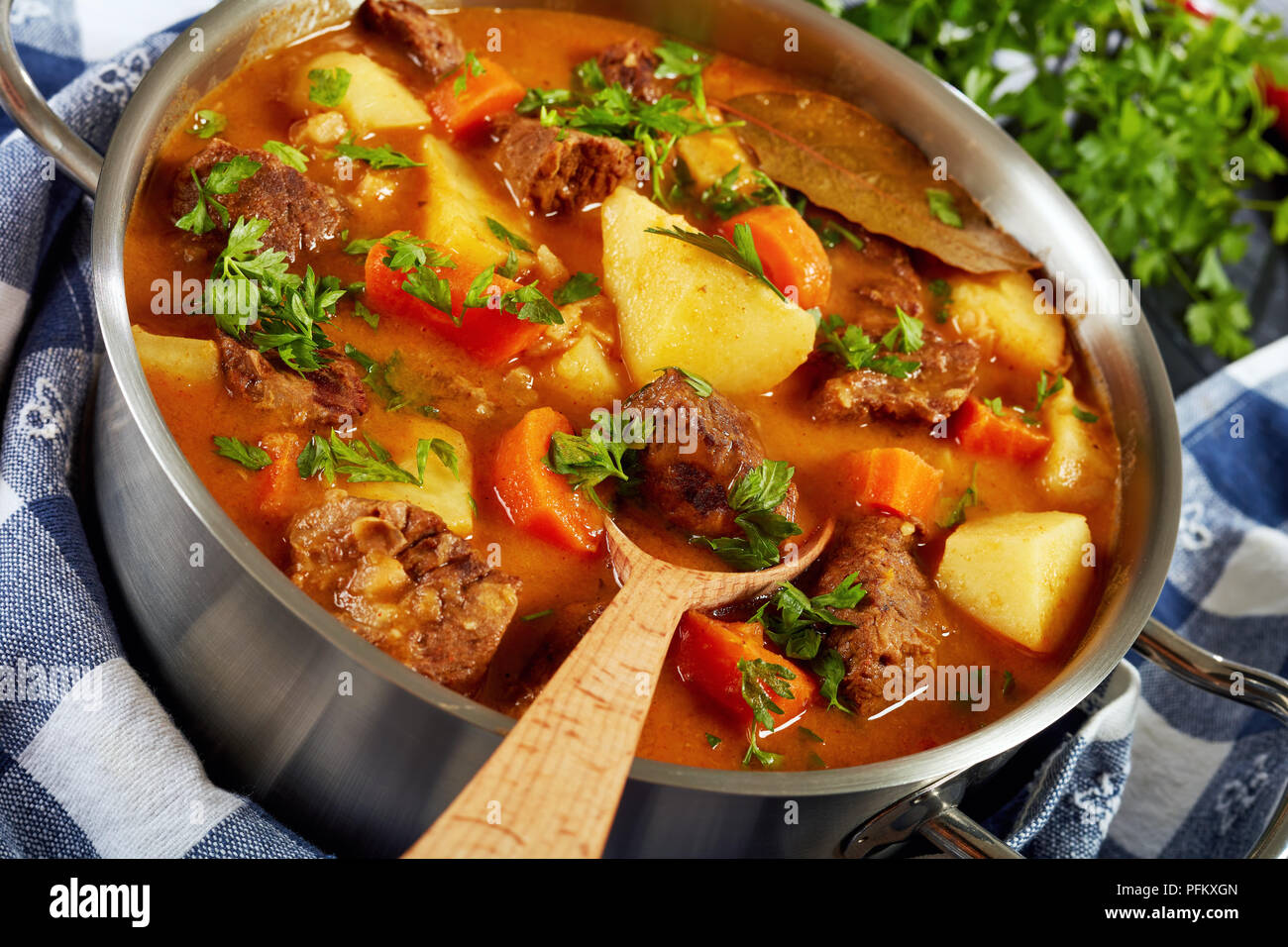 Ragoût de boeuf aux légumes dans une sauce épicée ou estofado de carne dans  une casserole de métal avec une cuillère de bois, recette authentique, vue  de dessus, close-up Photo Stock -