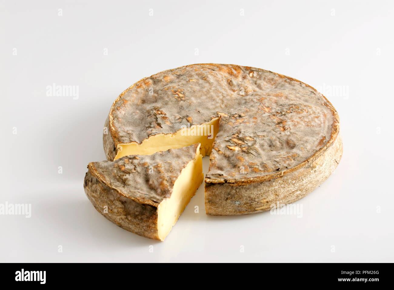 Roue et slice français AOC Saint-Nectaire fromage au lait de vache à croûte épaisse Banque D'Images