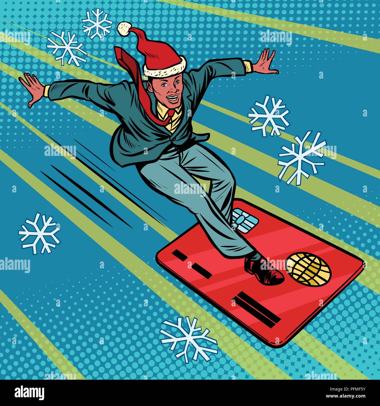 Homme d'affaires de Noël et carte bancaire. Sport extrême vitesse. Peuple afro-américain. Comic cartoon retro pop art dessin illustration vectorielle Illustration de Vecteur