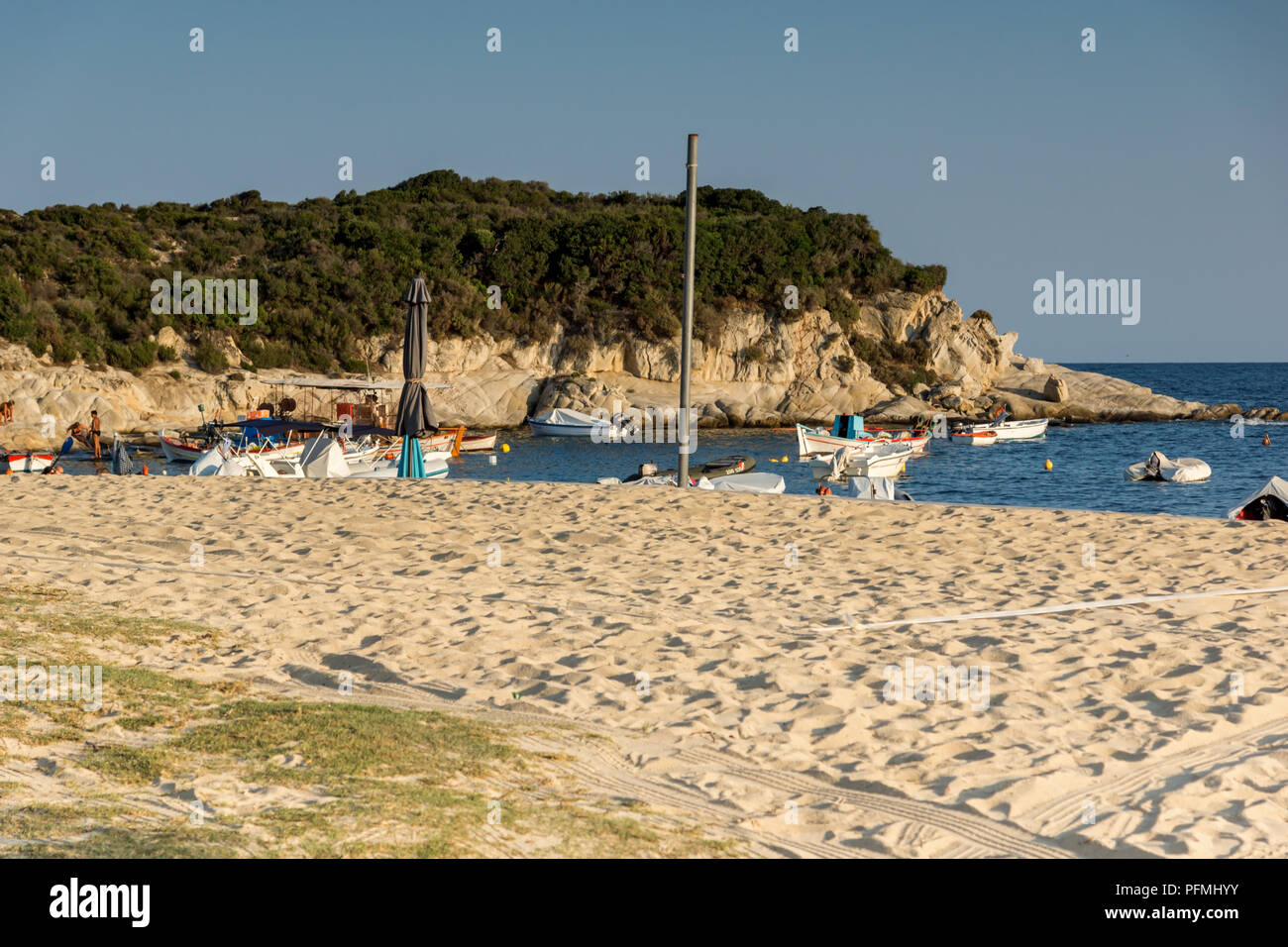 La Chalcidique, Macédoine Centrale, Grèce - 25 août 2014 : Seascape de Kalamitsi Beach à Chalkidiki, Macédoine Centrale, Grèce Banque D'Images