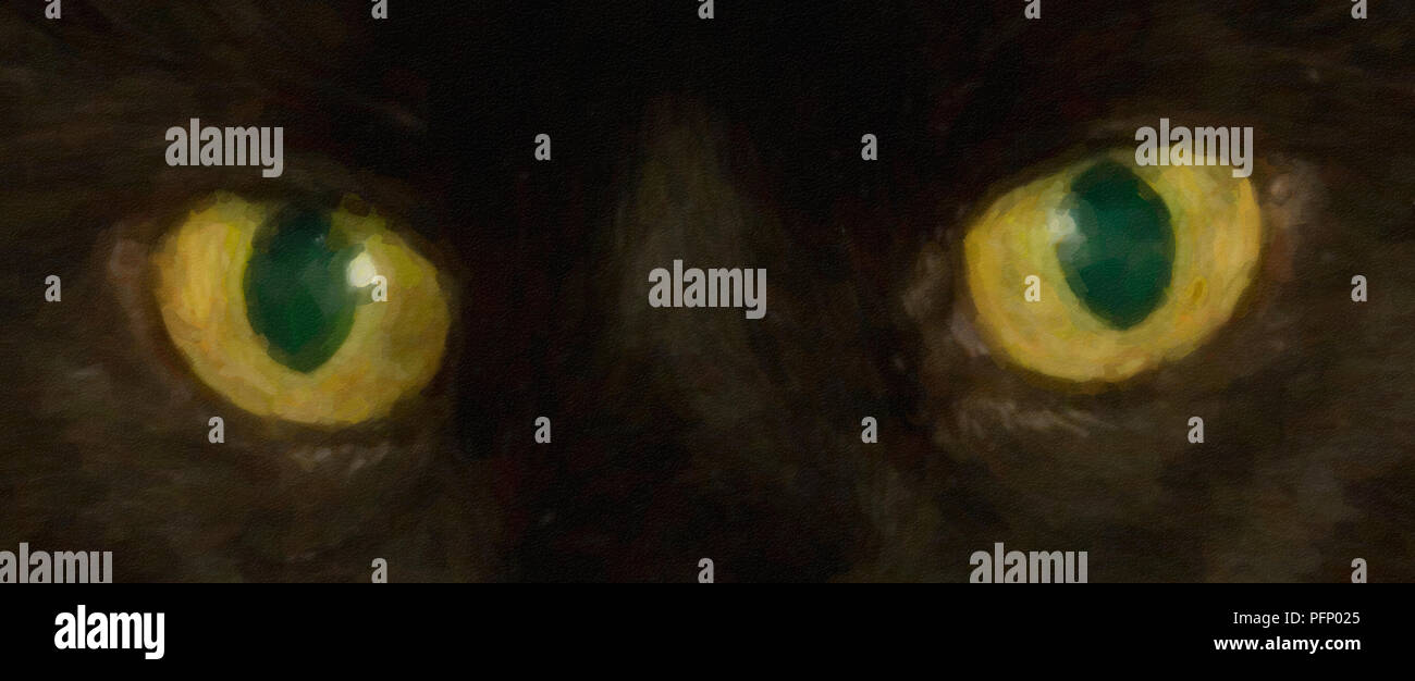 Effet aquarelle numérique peinture de les yeux verts d'un chat noir Banque D'Images
