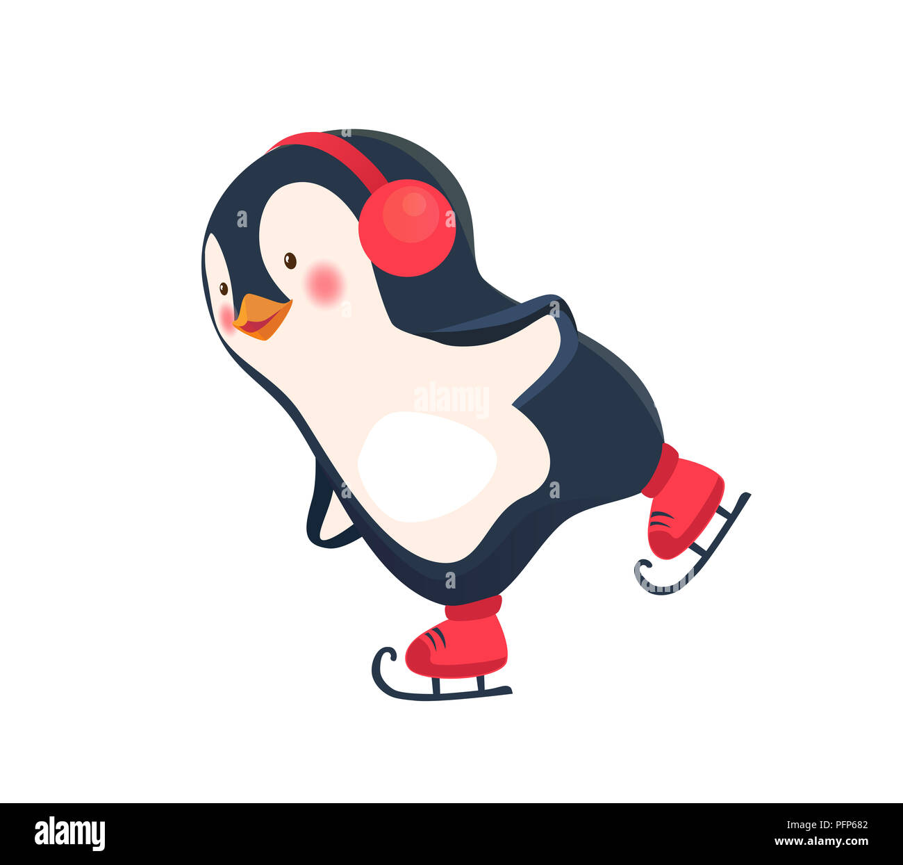 Penguin cartoon. Penguin des patins à glace sur une patinoire en hiver illustration. Banque D'Images
