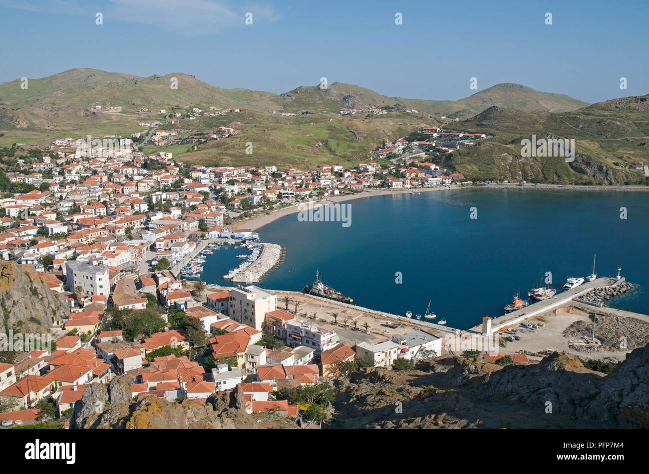La Grèce, l'île de Lemnos, Myrina, portrait de la ville et le port. Banque D'Images