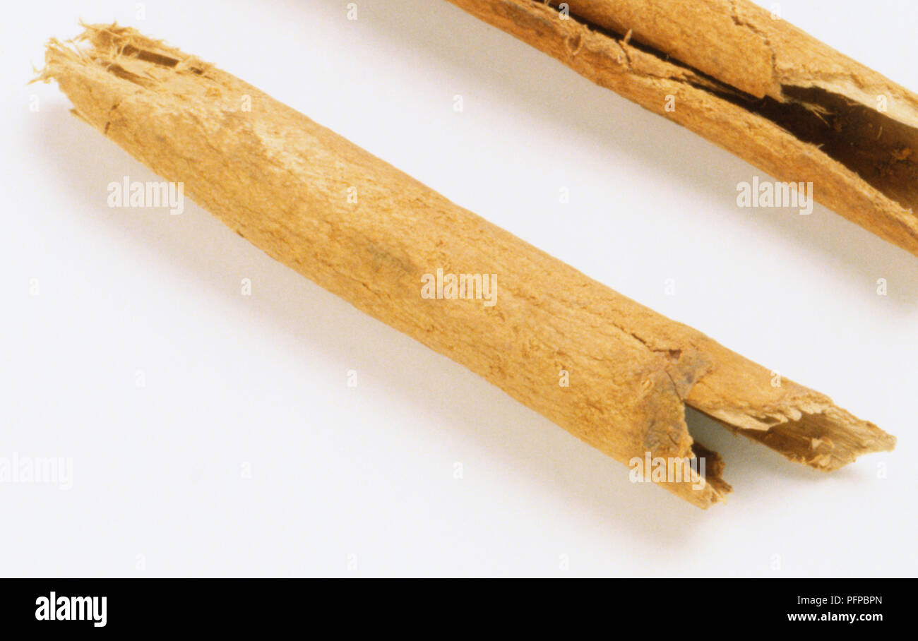 Mince les bâtons de cannelle, de laminés hermétiquement l'écorce interne séchée de cannelier pousses. Banque D'Images