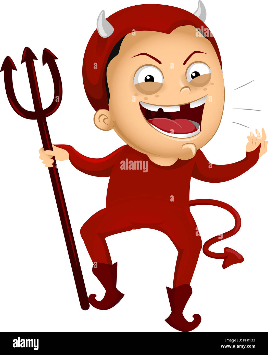 Illustration d'un enfant garçon vêtu d'un costume rouge et tenant une fourche Banque D'Images