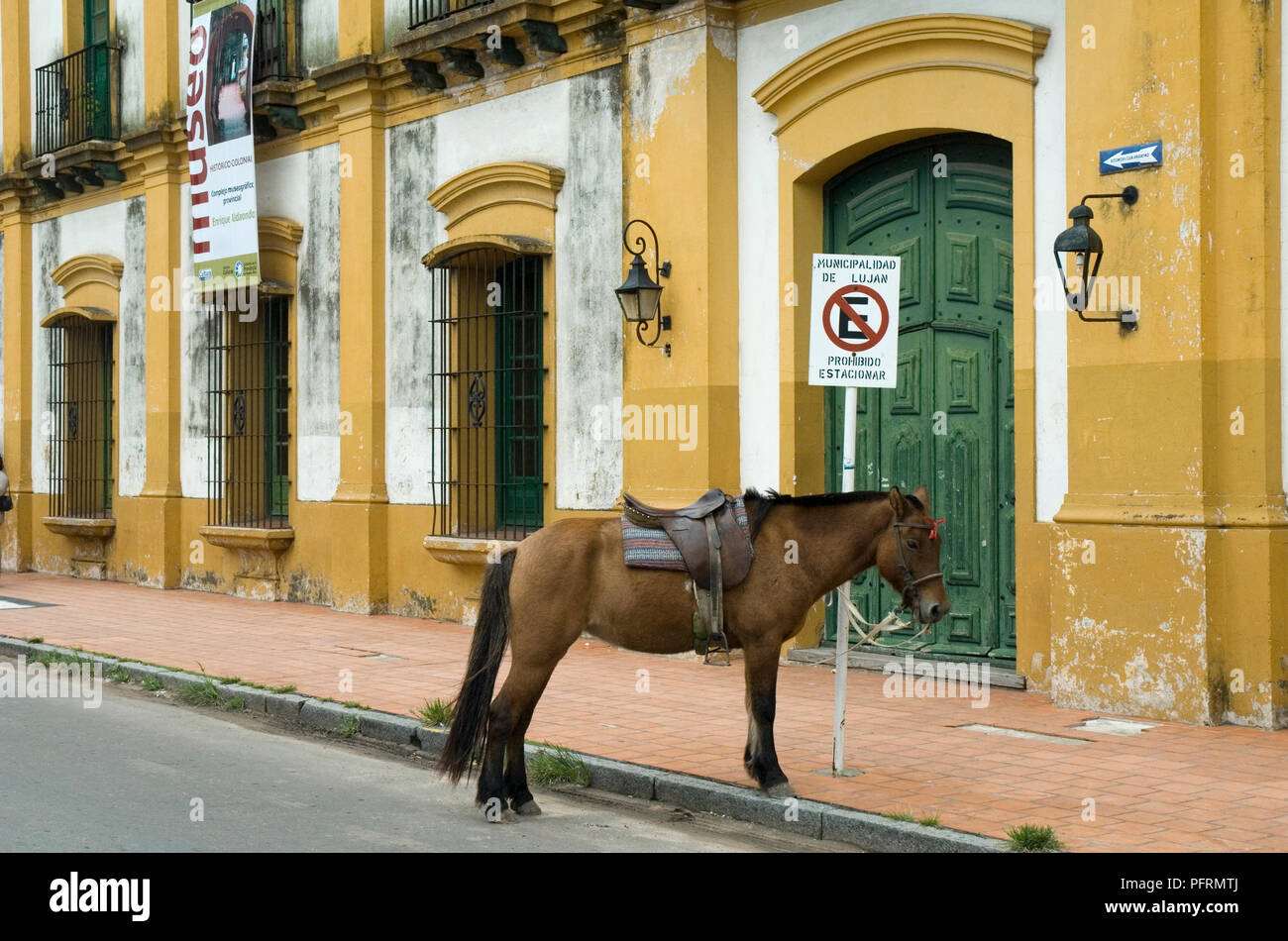 Argentine, Province de Buenos Aires, Lujan, Complejo Museografico Enrique Udaondo Provincial, poney attaché à un No Parking sign in front of museum Banque D'Images