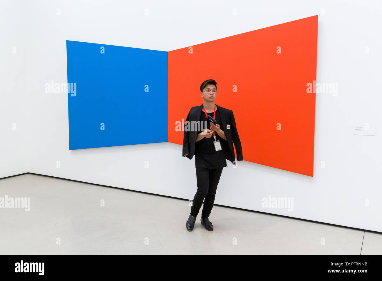 Services aux visiteurs associer en face d'Ellsworth Kelly's 1968 peinture, 'Bleu Rouge,' au large Museum de Los Angeles, Californie. Banque D'Images