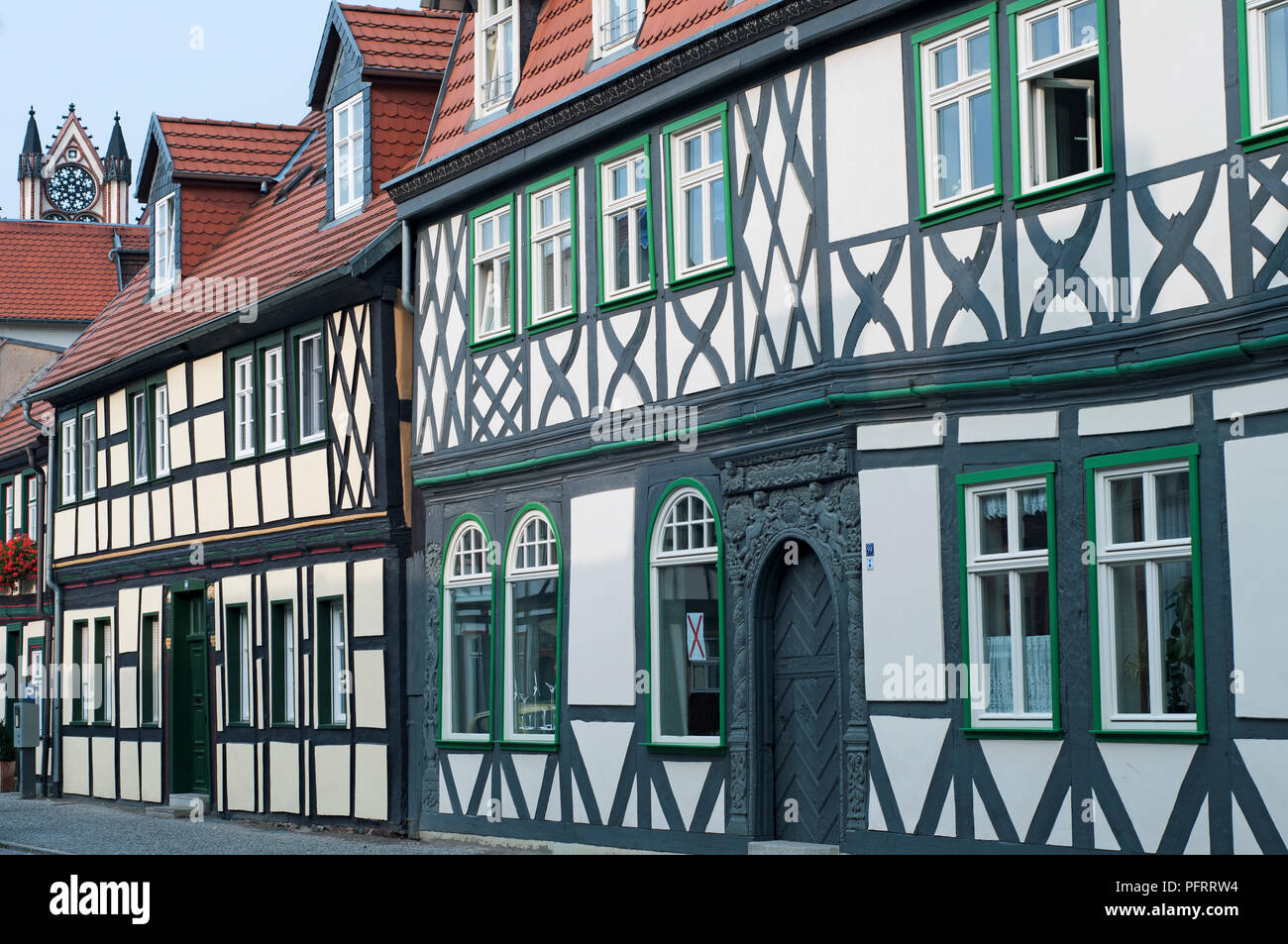 L'Allemagne, la Saxe-Anhalt, Altmark, Tangermunde, maisons à colombages de la vieille ville Banque D'Images