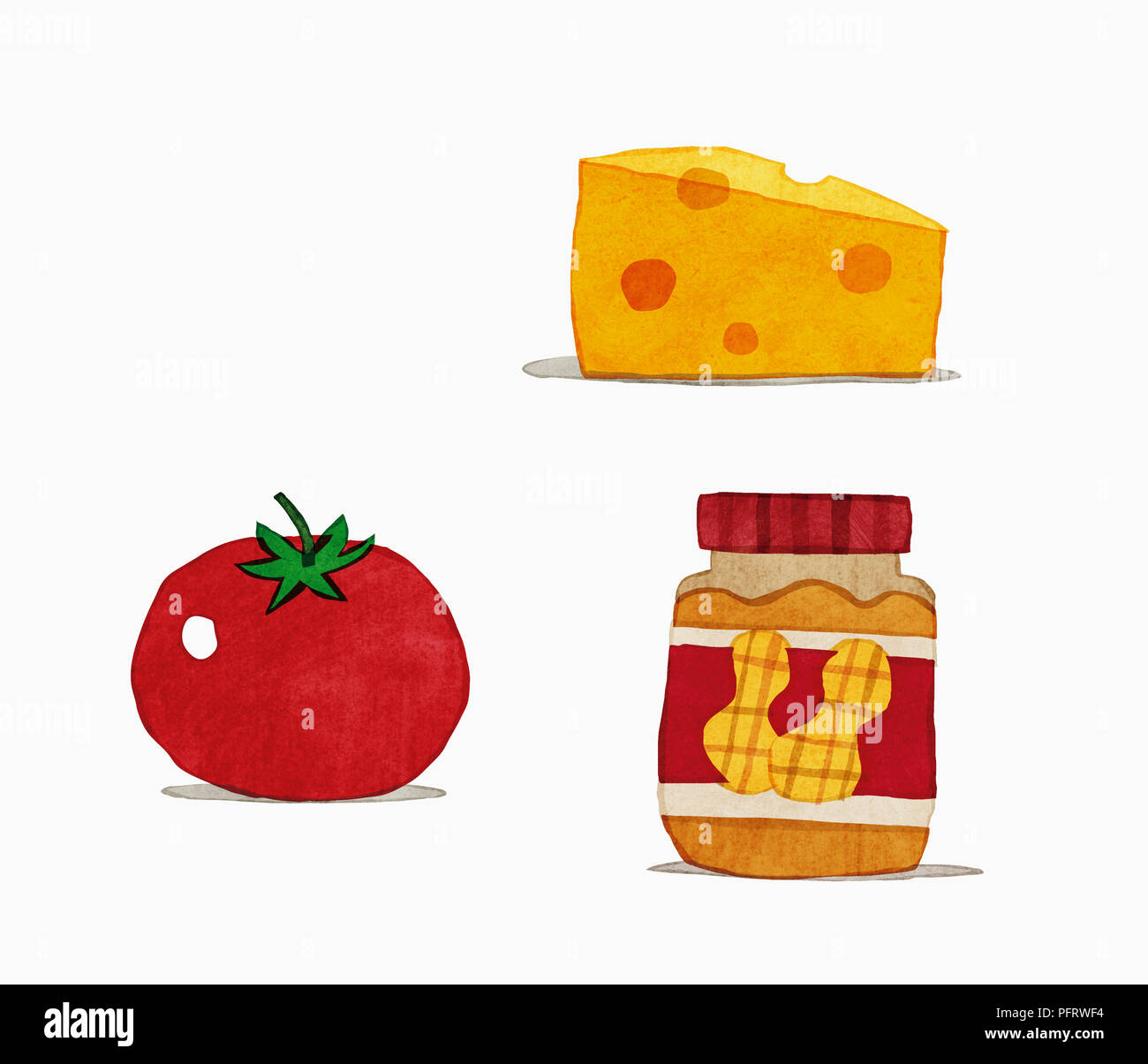 L'illustration, les types d'aliments, du fromage, tomate, beurre d'arachide Banque D'Images