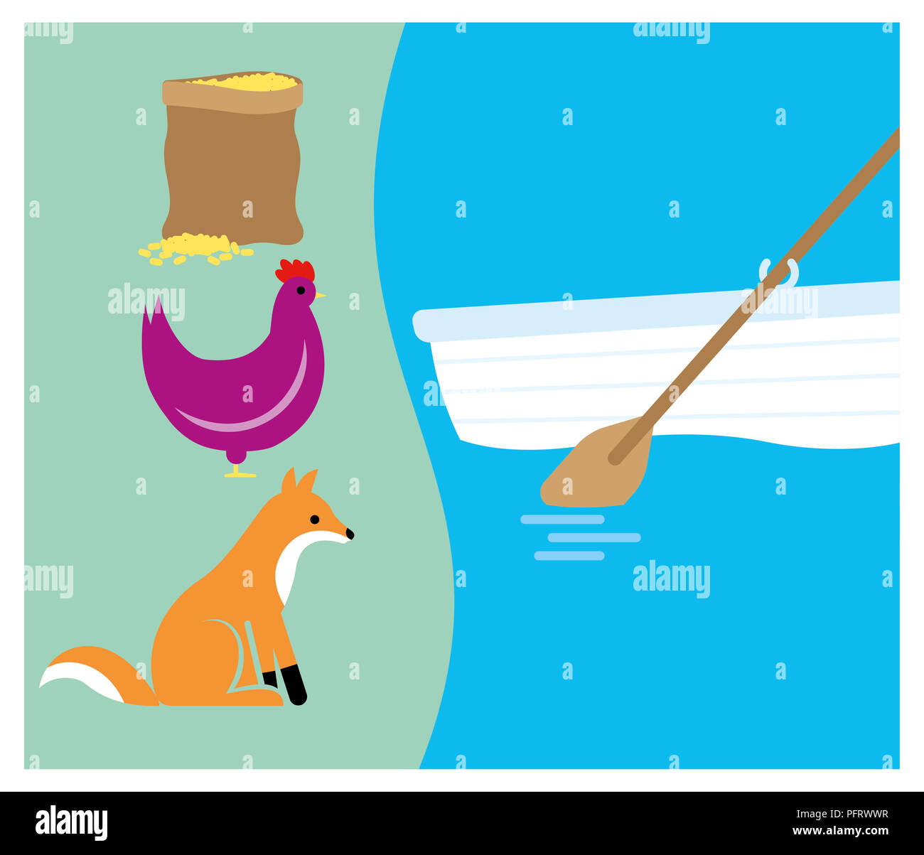 Traversée en bateau de la rivière, le transport du maïs, poulet et Fox - qui pour prendre la première, riddle Banque D'Images