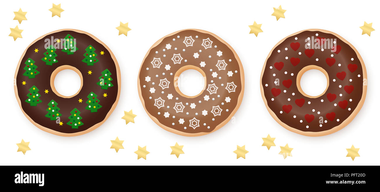 Beignes de Noël décoré de chocolat sucré avec du fondant de fête - Les étoiles, les arbres de Noël, des flocons, des coeurs. Trois types de chocolat. givrage. Banque D'Images