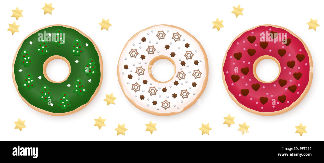 Beignes de Noël ensemble. Vert, blanc et rouge donut décoré de chocolat sucré fondant de fête - sucre, massepain et étoiles, sapins, des flocons de neige. Banque D'Images