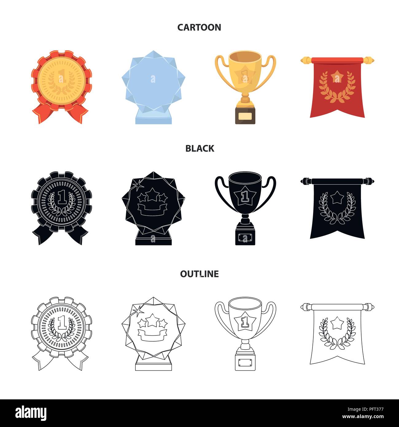 Une Medaille Olympique Pour La Premiere Place Une Boule De Cristal Une Coupe D Or Sur Un Socle Un Pendentif Rouge De Prix Et De Trophees Collection Set Icones De Cartoon Black O Image Vectorielle Stock