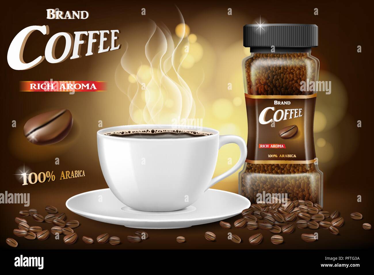 Tasse de café noir et de haricots. design annonces 3d illustration de café chaud produit mug avec arrière-plan flou. Vector Illustration de Vecteur