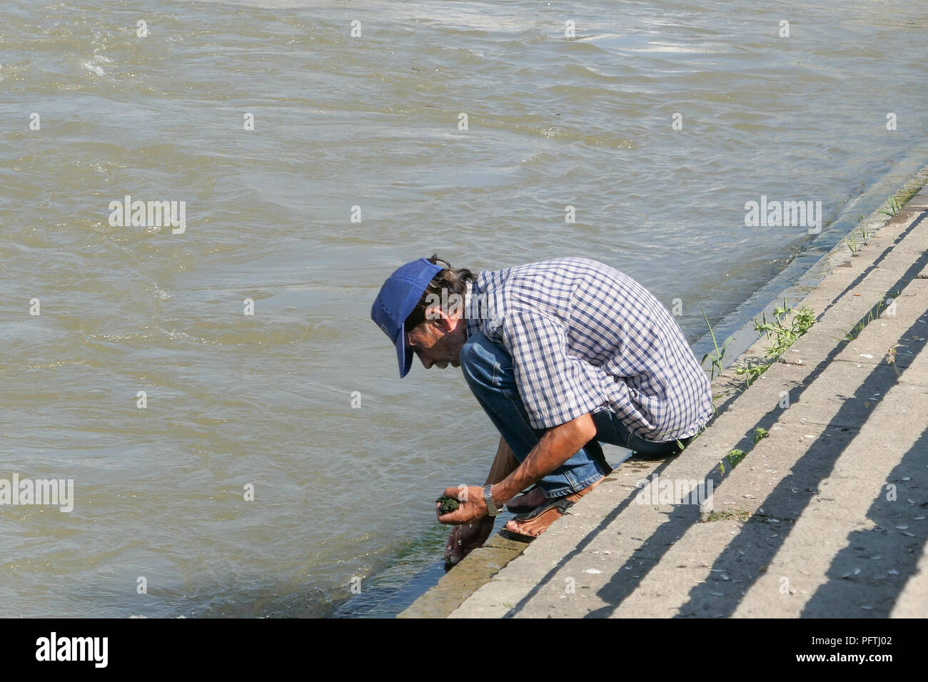 L'homme de recueillir les algues à utiliser comme appâts de pêche de la rivière Vardar, Skopje, Macédoine Banque D'Images