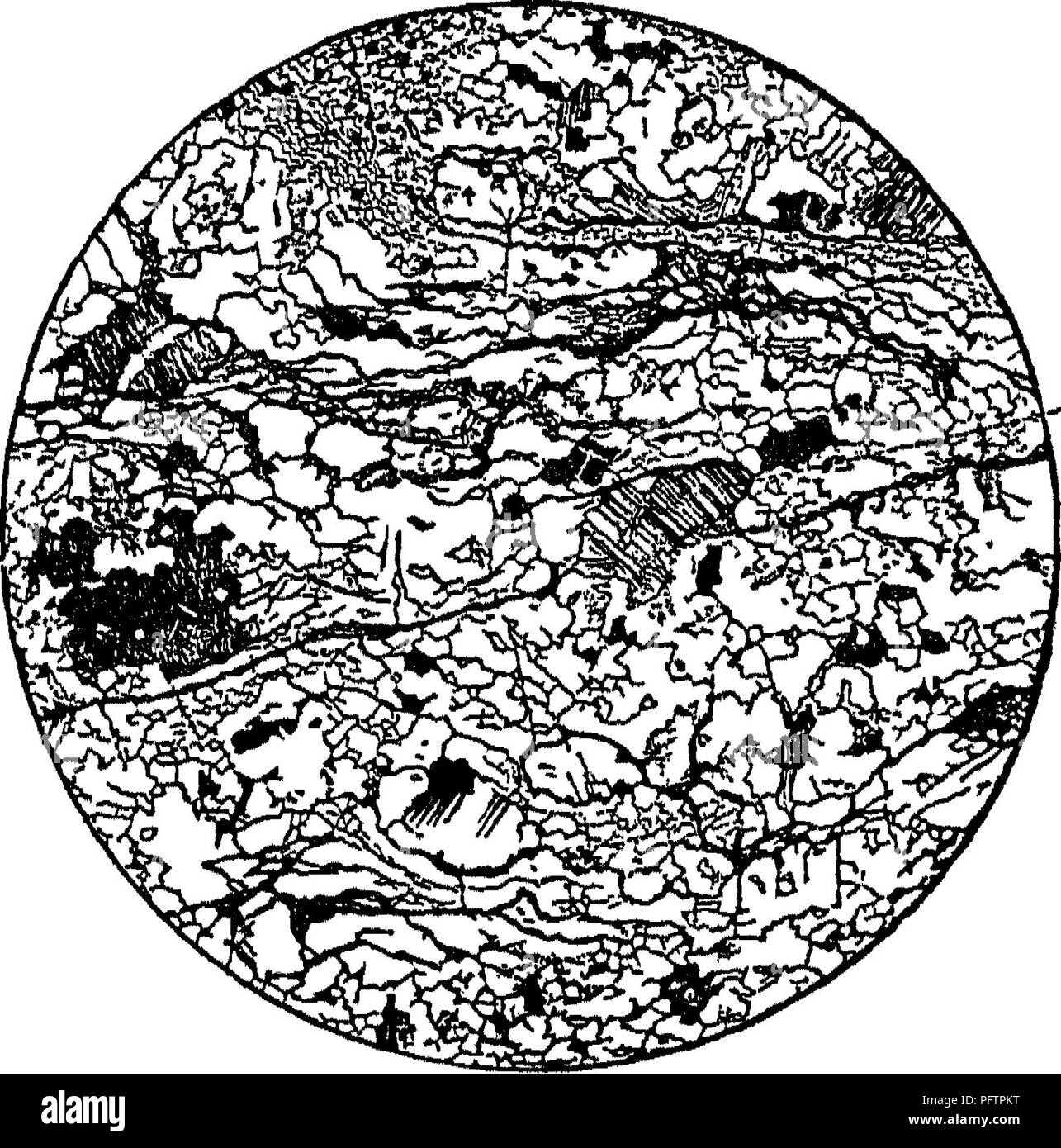 . Un traité sur les roches, les sols et l'altération des roches ;. Pétrologie ; les sols. Les gneiss gneiss 143 sont essentiellement les mêmes que celles de granit, dont ils ne diffèrent que dans la structure et l'origine. Ils ont, cependant, présenter une plus grande variété et l'abondance de minéraux accessoires, parmi lesquels peuvent être mentionnés (outre ceux du mica, de hornblende, de pyroxène ou groupe), grenat, tourmaline beryl, sphène, apatite, zircon, de cordiérite, de pyrite et de graphite. La structure. - Holocrystalline structurellement les gneiss sont gran- ular roches, comme le sont les granites, mais ils diffèrent en ce que les diverses. -O' Fig. Banque D'Images