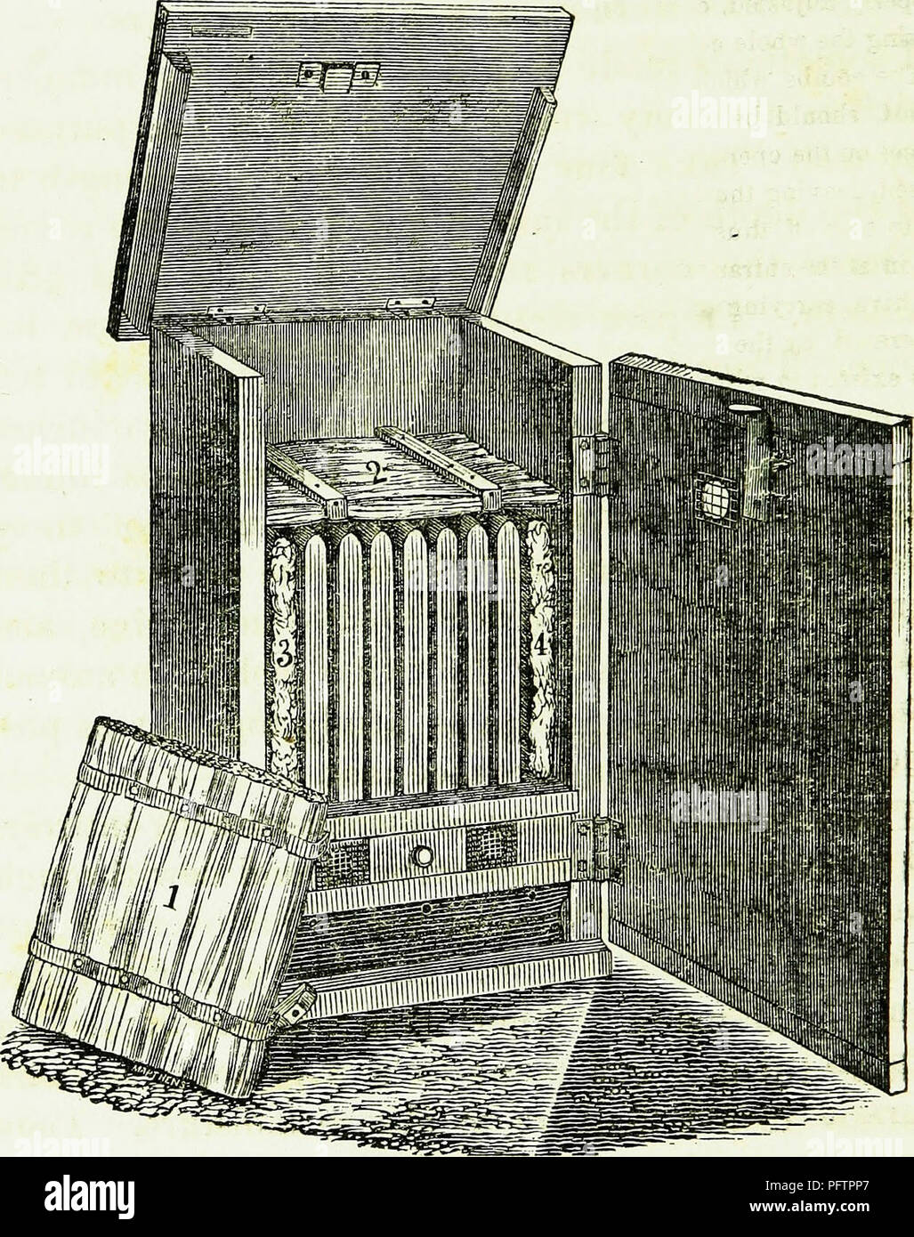. Les abeilles et l'apiculture : une plaine, travaux pratiques : résultant d'années d'expérience et l'observation des ruchers, tant en Arizona et en Californie. Avec les instructions Comment faire de l'apiculture un souhaitable et lucrative et pour le transport des abeilles à la Californie. Les abeilles. 276 LES ABEILLES ET L'APICULTURE.. La gravure ci-dessus illustre le mode d'organisation de la des nattes dans la ruche d'abeilles pour l'hivernage. Nos 1, 2, 3 et 4 sont des tapis d'hiver. No 1 montre les bandes de cuir d'un côté, à travers laquelle les punaises sont entraînés, les chefs d'illustrés. No 2 montre les bandes de bois sur t Banque D'Images