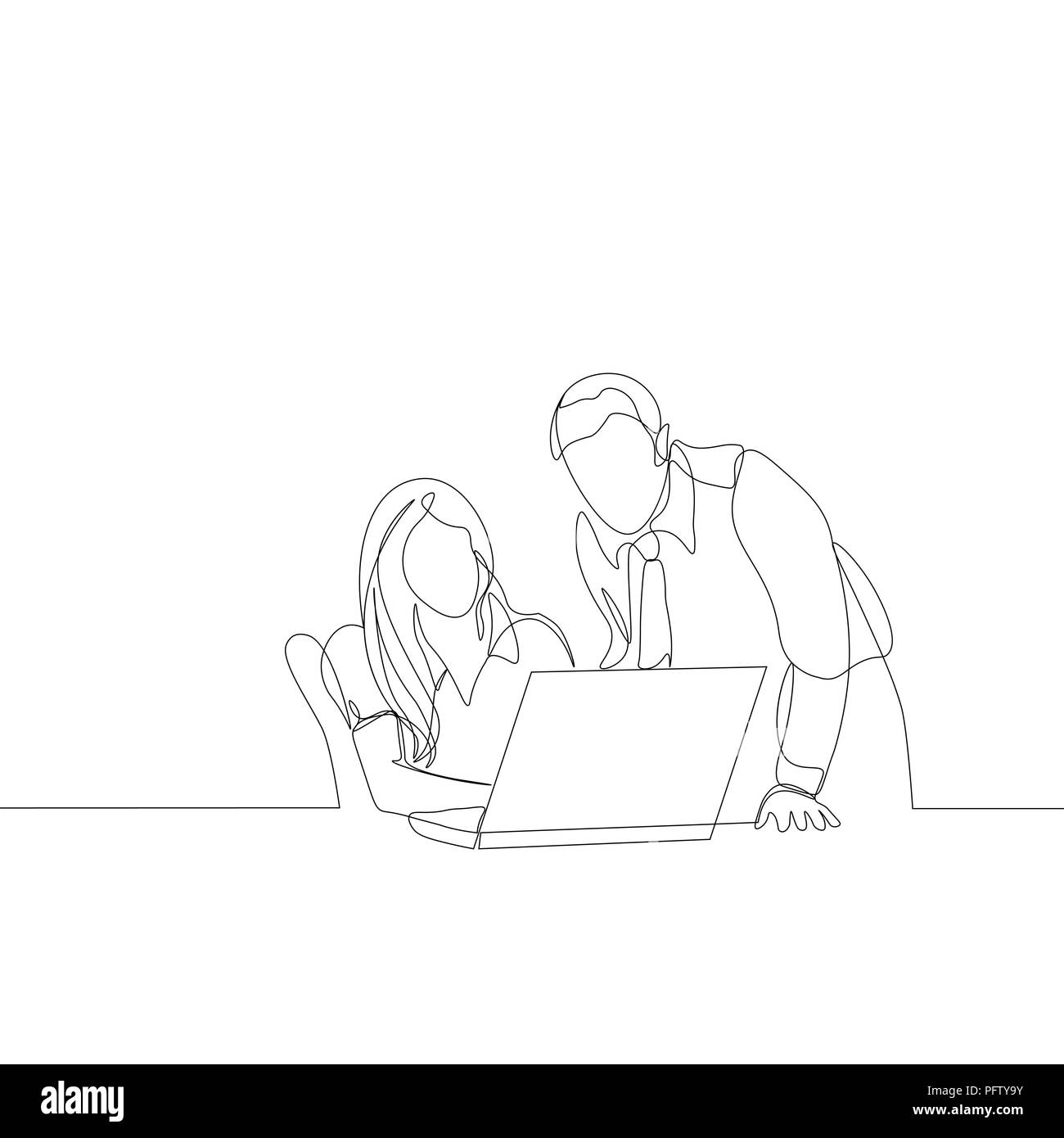 Dessin de ligne continu de réunion d'affaires. L'homme et la femme avec un ordinateur portable Illustration de Vecteur