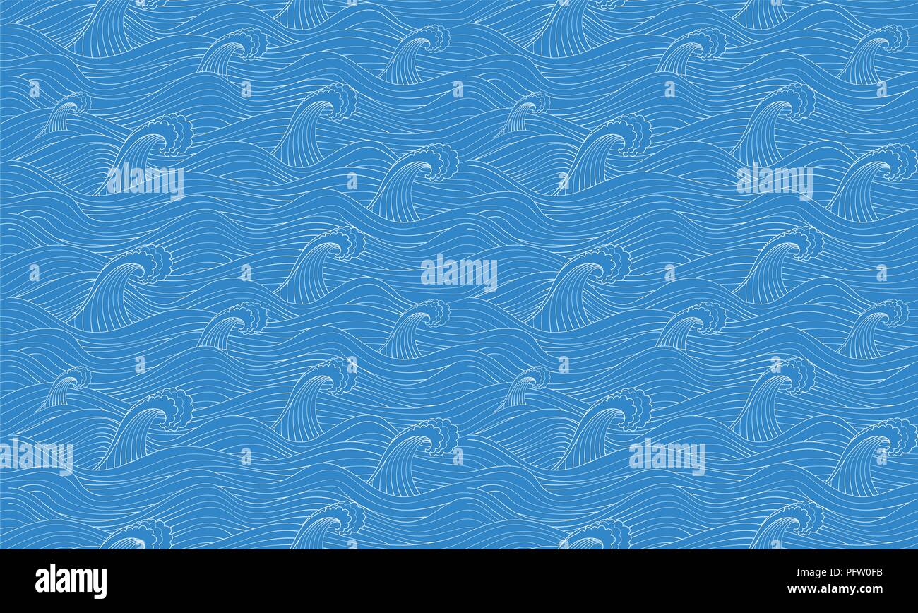 Modèle sans couture à la main avec les vagues au croquis style. Vector background sans fin dans le bleu. Illustration de Vecteur
