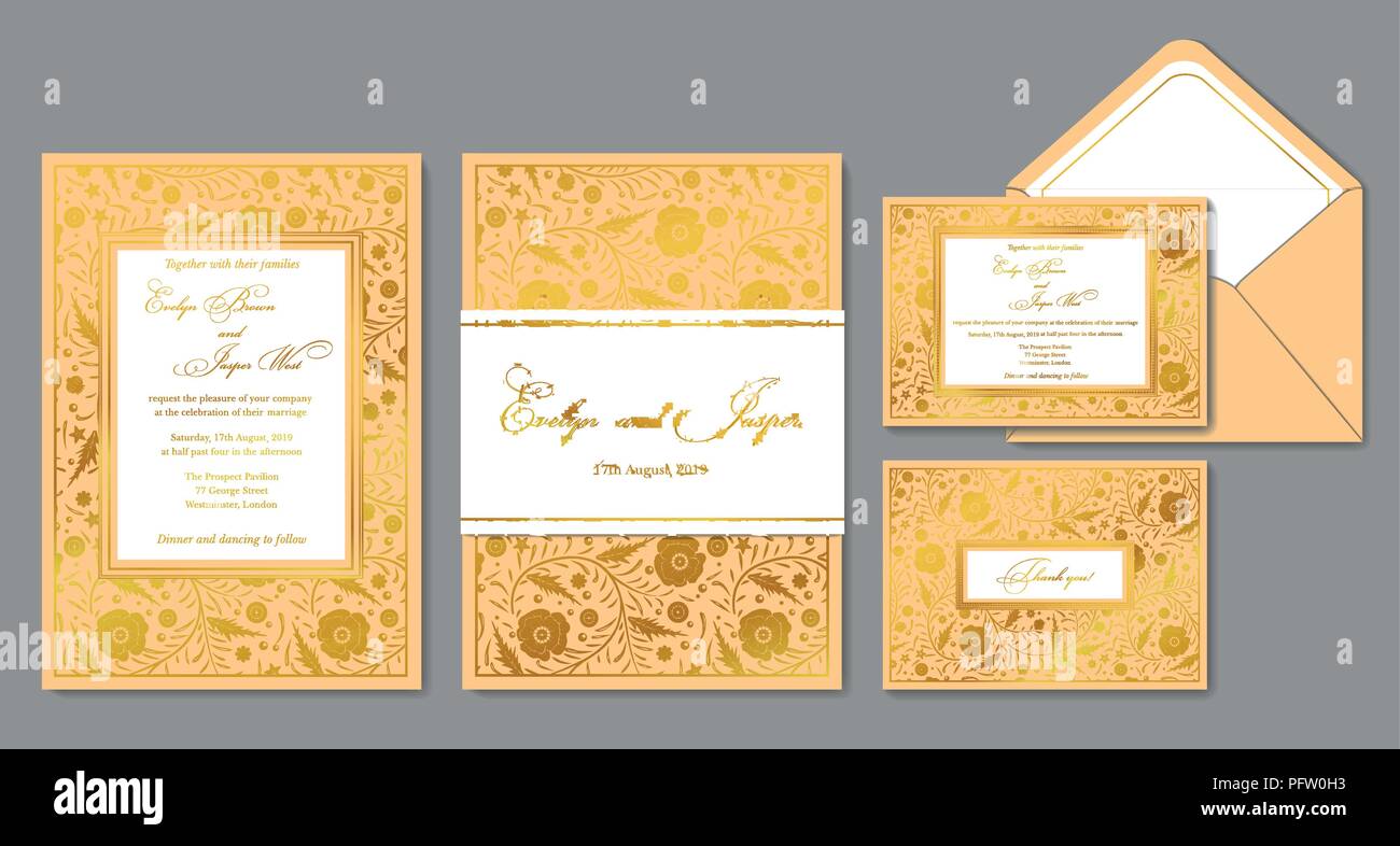 Inviter mariage, enveloppe, rsvp, holiday card, signe. Conception avec golden coquelicots et des modèles dans un style classique et cadre doré. Mignon vecteur ch délicate Illustration de Vecteur