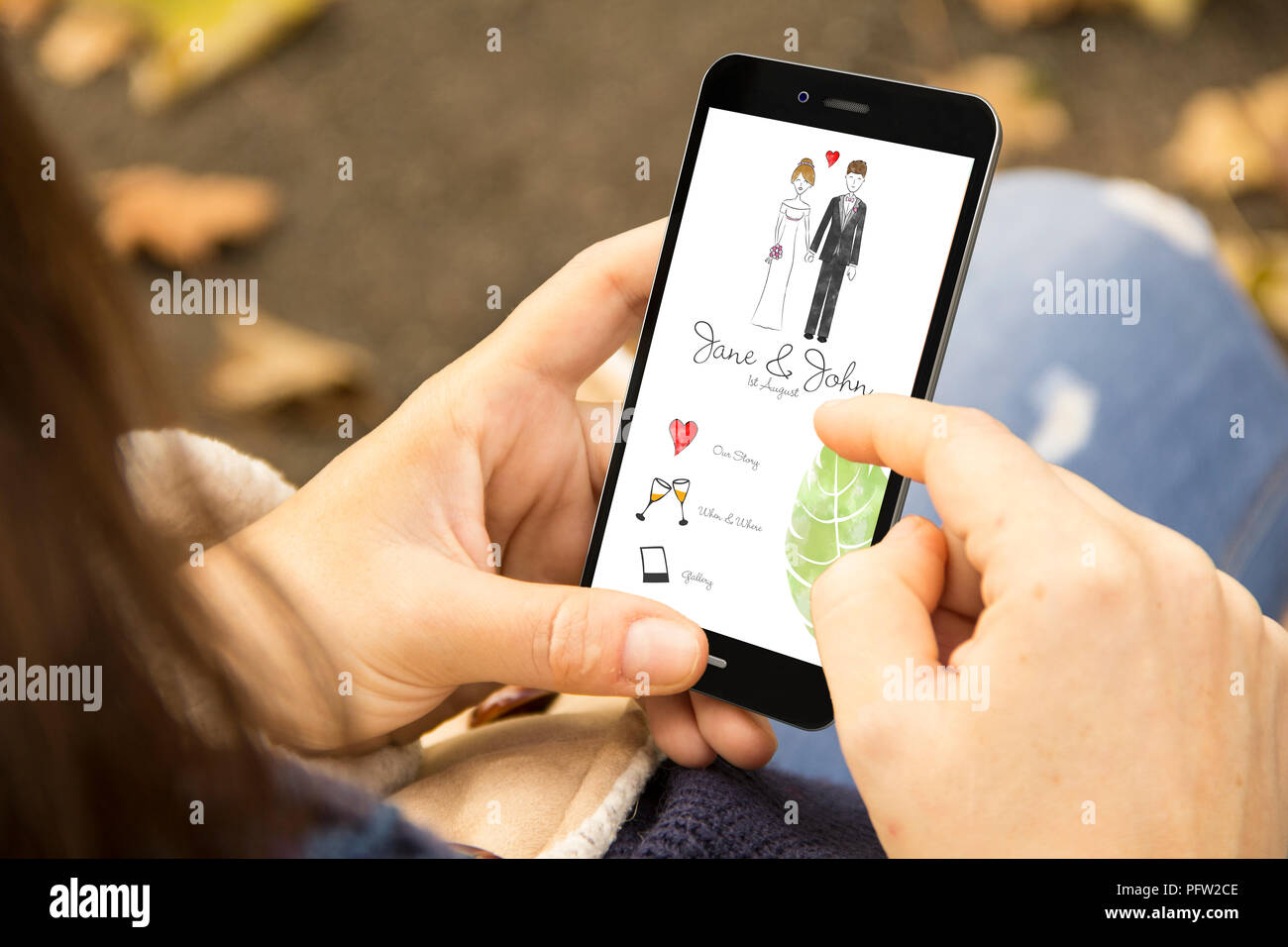 Concept d'invitation de mariage : un smartphone 3D généré. Graphiques à l'écran sont constitués. Banque D'Images