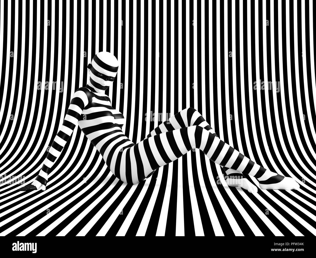 Le rendu 3D d'une femme assise sur le sol sur un fond rayé noir et blanc, en essayant de briser le moule. Elle ne veut pas mettre en place ou en mélange. Banque D'Images