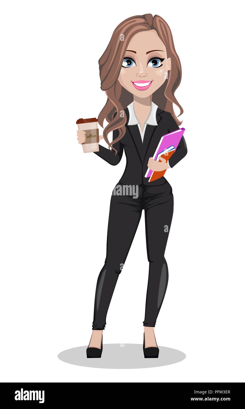 Un agent immobilier personnage. Belle realtor woman holding coffee et documents. Cute business woman. Vector illustration Illustration de Vecteur