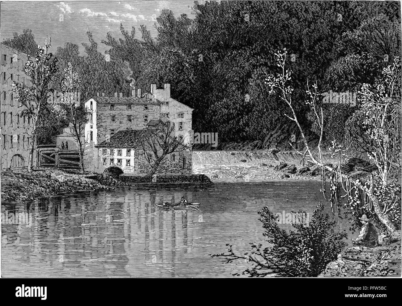 Tirage d'époque en noir et blanc représentant une personne ou un kayak aviron canoë sur la rivière Brandywine en face d'une région boisée, avec plusieurs grands bâtiments dans une filature de coton dans l'arrière-plan, situé dans l'Ridele ou Riddle's Bank, de la Brandywine River, en Pennsylvanie, illustré par Granville, Perkins et publié dans William Cullen Bryant's edited volumes 'Amérique pittoresque ; ou, le pays dans lequel nous vivons", 1872. Avec la permission de Internet Archive. () Banque D'Images