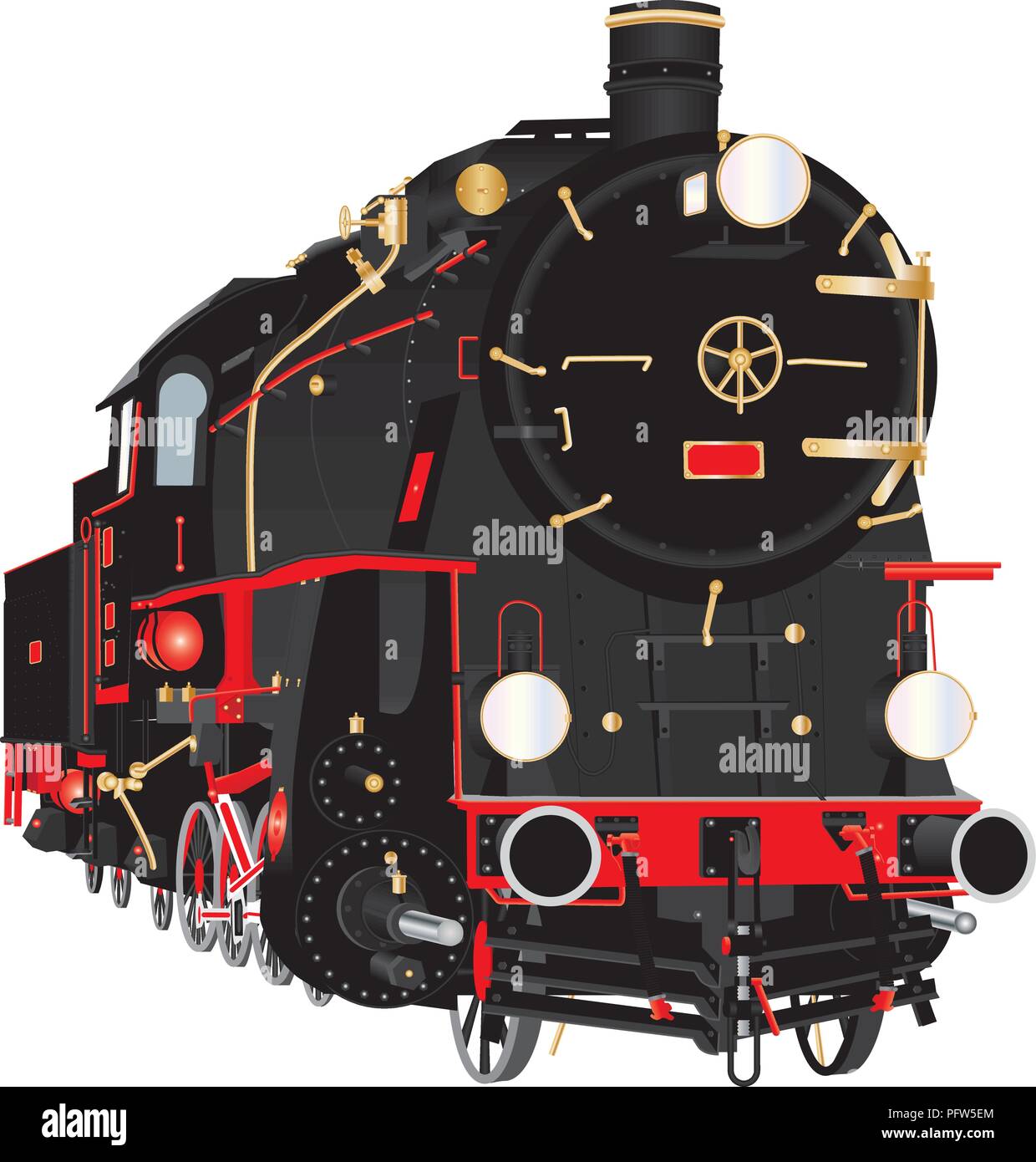 Une illustration détaillée d'un ancien combattant 10 Wheeler d'offres de fret à vapeur Locomotive avec des raccords de tuyauterie en cuivre et d'une livrée rouge et noir et rouge et blanc Illustration de Vecteur