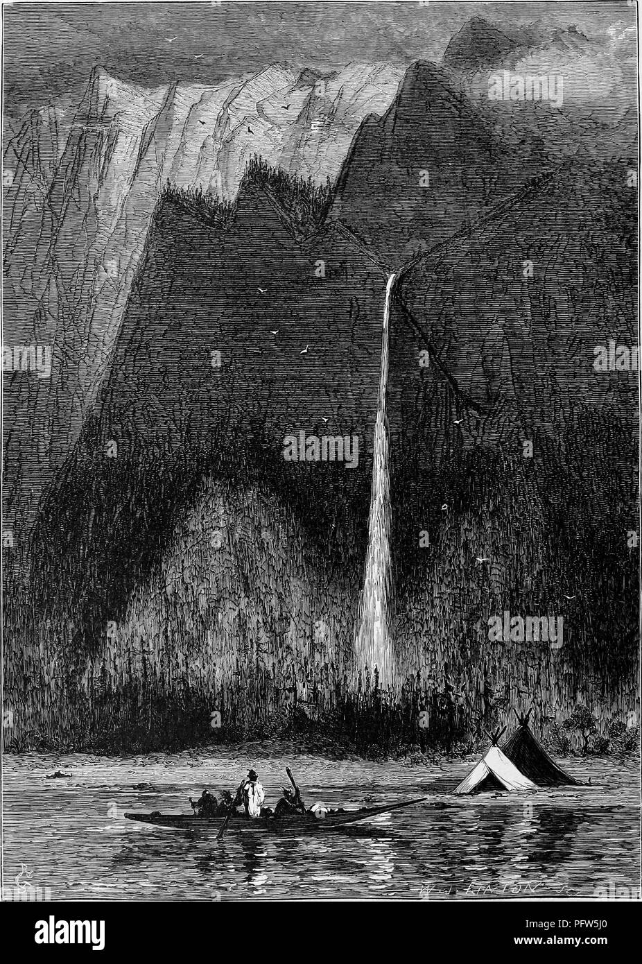 Tirage d'époque en noir et blanc illustrant plusieurs gens assis dans un canot, avec un tipi sur une plage voisine, et chutes de Multnomah dans la distance, située sur la gorge du Columbia dans l'Oregon, et publié dans William Cullen Bryant's edited volumes 'Amérique pittoresque ; ou, le pays dans lequel nous vivons", 1872. Avec la permission de Internet Archive. () Banque D'Images