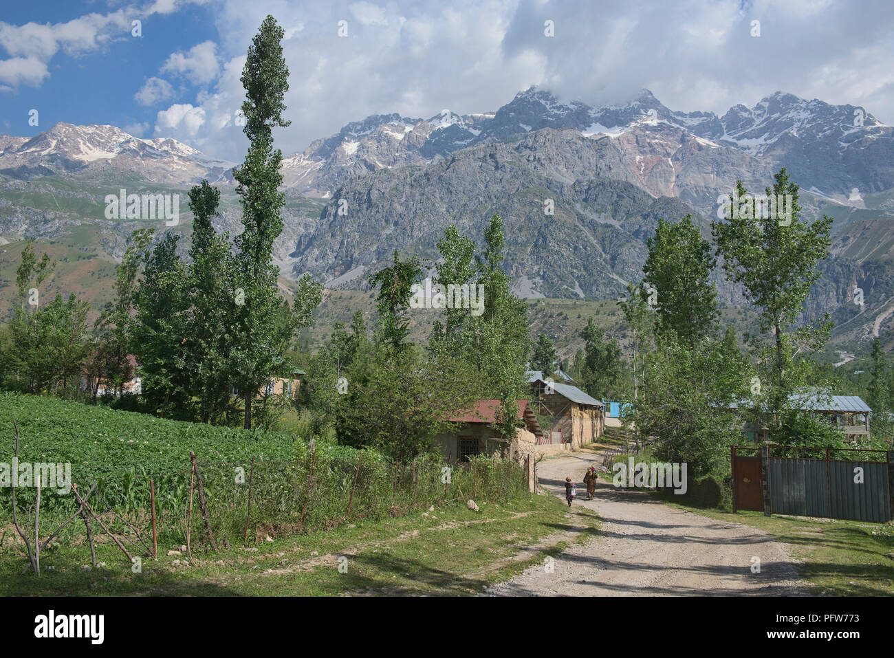 Des sommets alpins derrière le village de noyer d'Arslanbob, Kirghizistan Banque D'Images