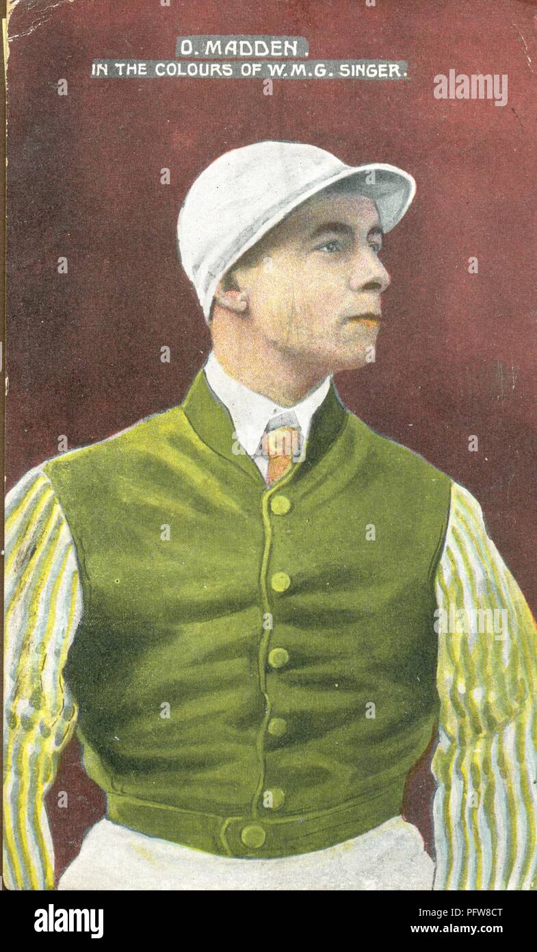 Portrait de jockey D Otto Madden 1873-1942 aux couleurs de W M G Singer Banque D'Images