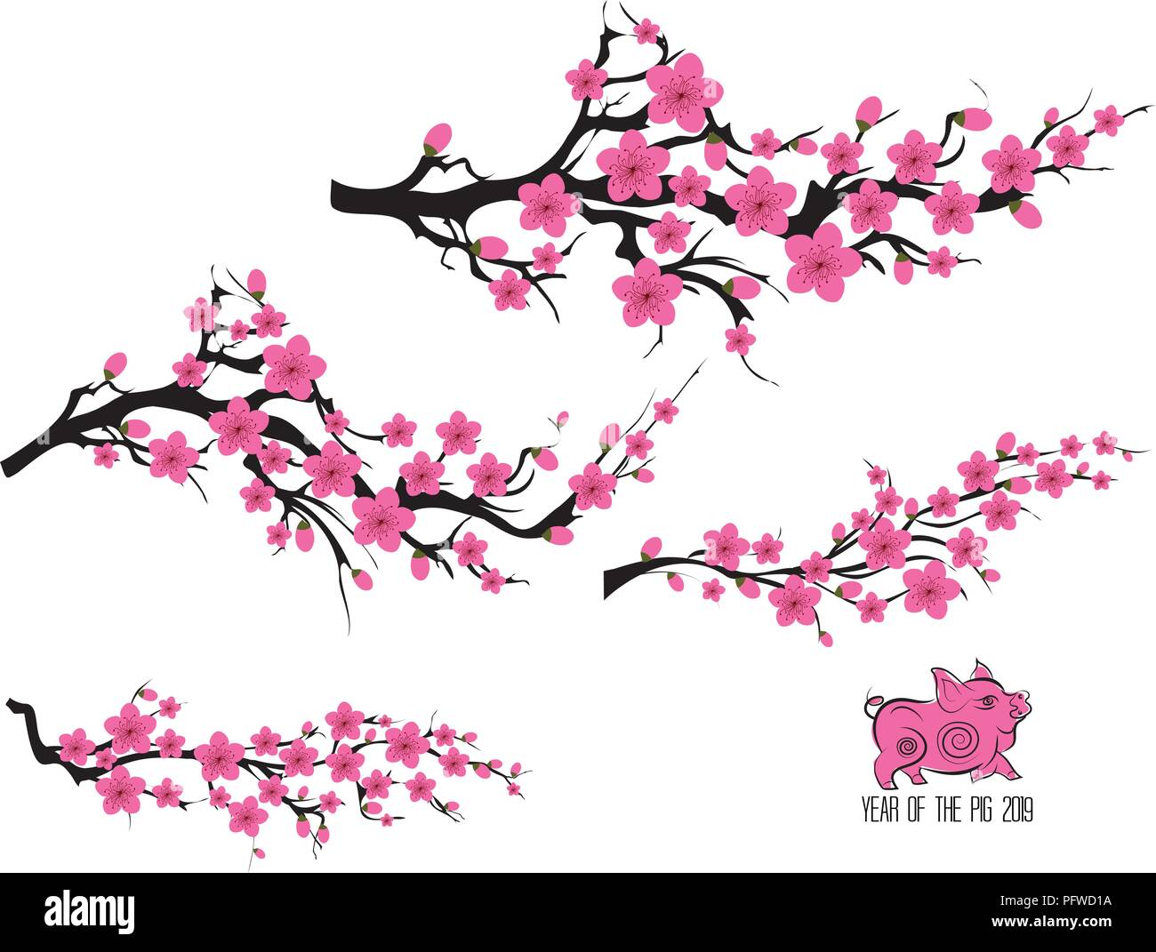Fleur de cerisier du Japon arbre avec branches. Carte d'invitation japonais avec asian blossoming plum direction générale. Année du cochon Illustration de Vecteur