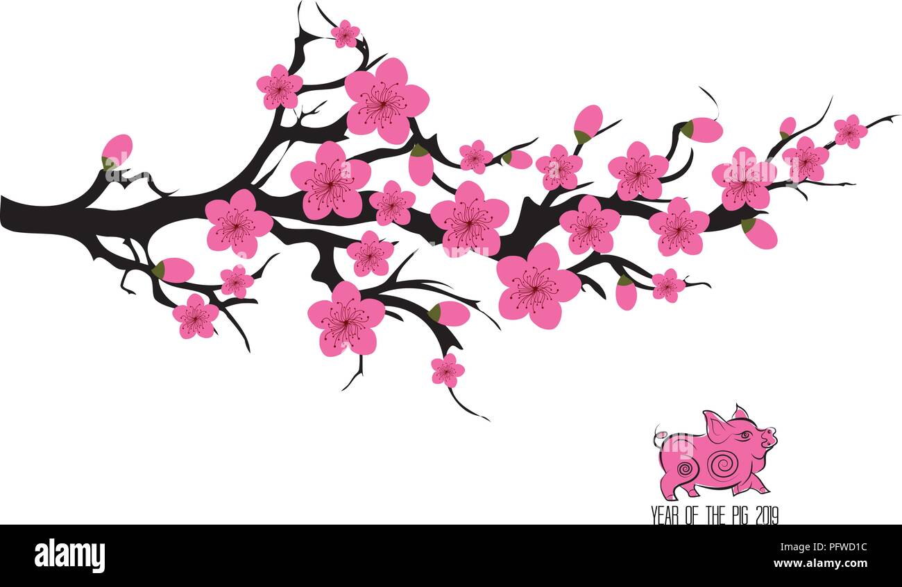 Le Japon cherry blossom tree branches illustration vectorielle. Carte d'invitation japonais avec asian blossoming plum branch Illustration de Vecteur