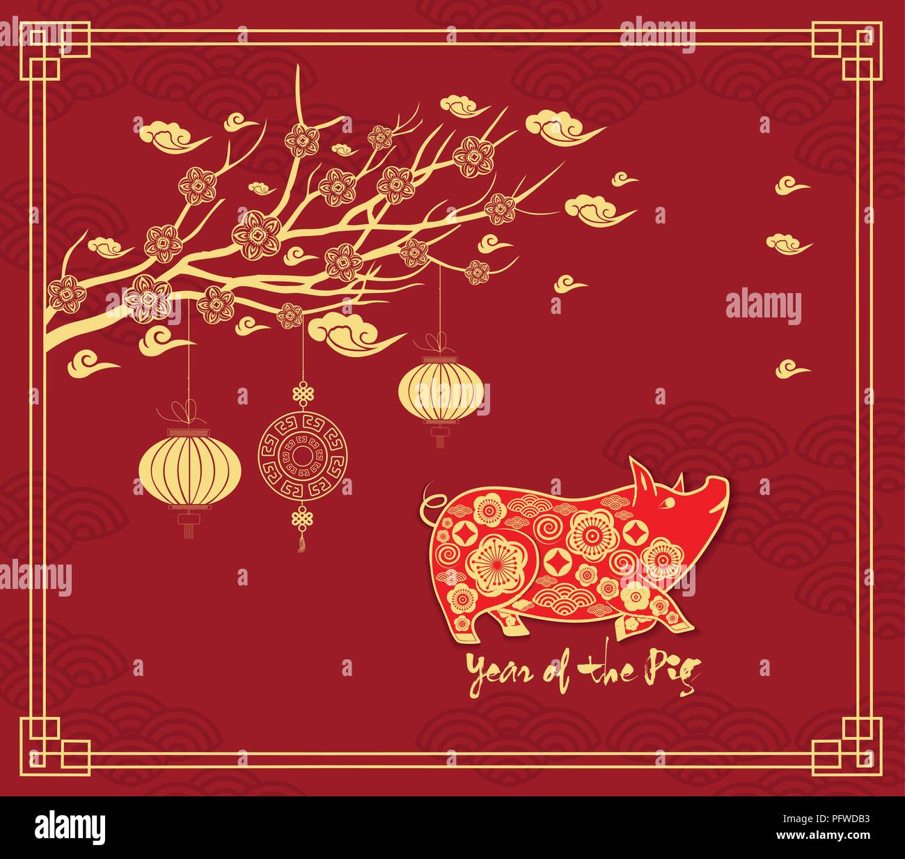 Le nouvel an chinois avec des lanternes suspendues. Année du cochon Illustration de Vecteur