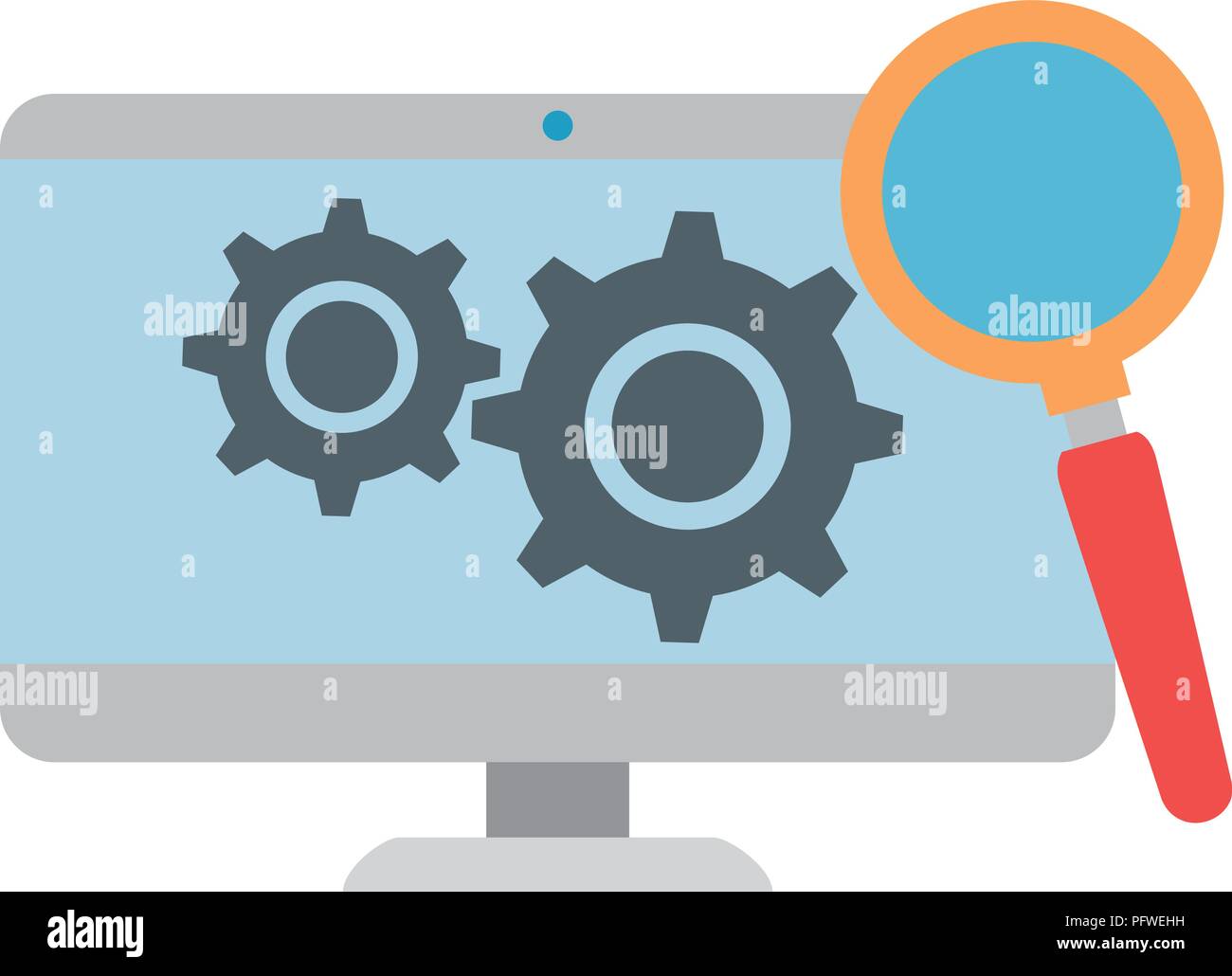 Ordinateur moniteur avec des engrenages et loupe Illustration de Vecteur