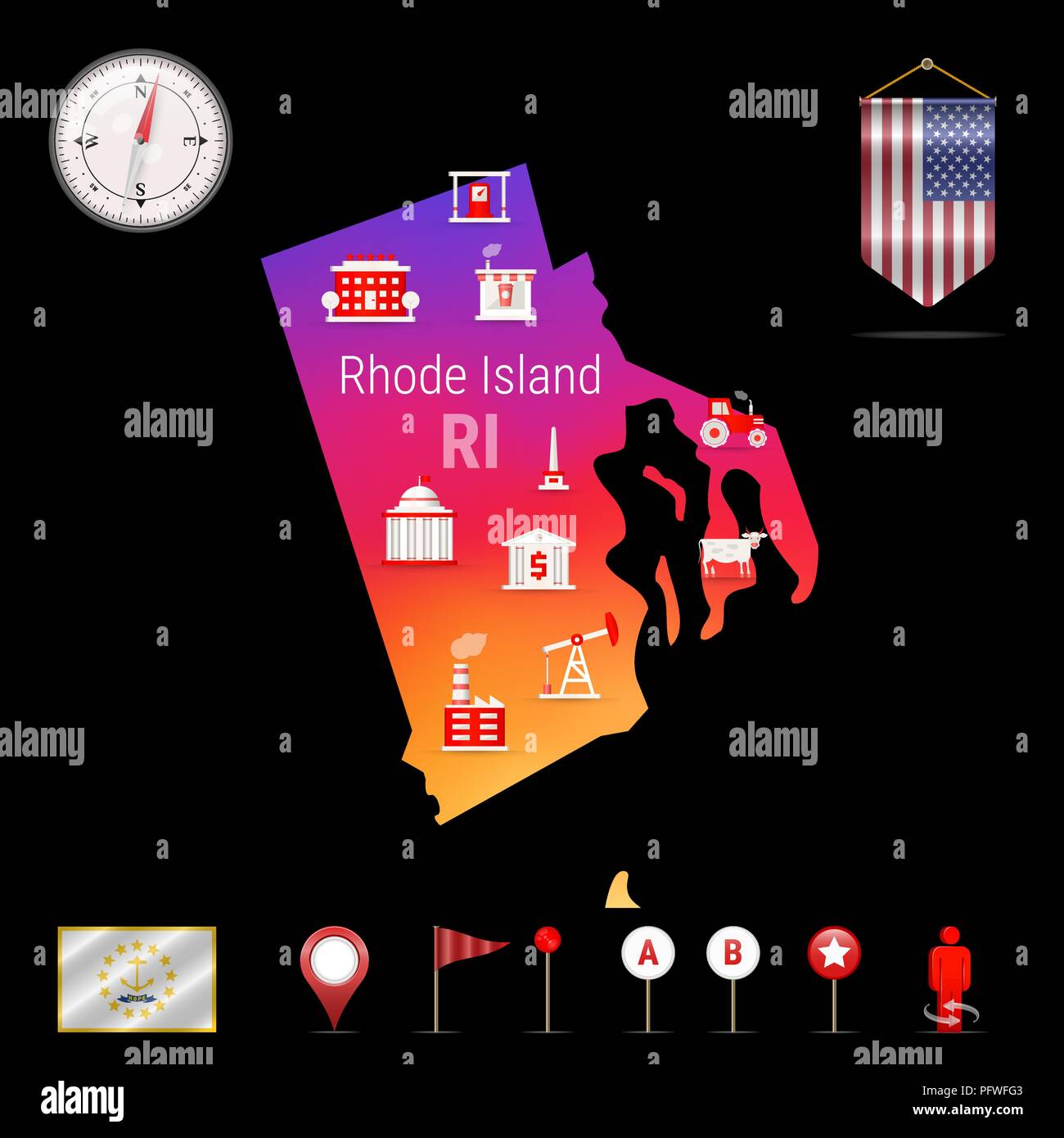 Rhode Island Carte vectorielle, Vision de nuit. L'icône de la boussole, la carte Éléments de navigation. Fanion drapeau des États-Unis. Drapeau vecteur du Rhode Island. Diverses industries, la géographie économique des icônes. Illustration de Vecteur