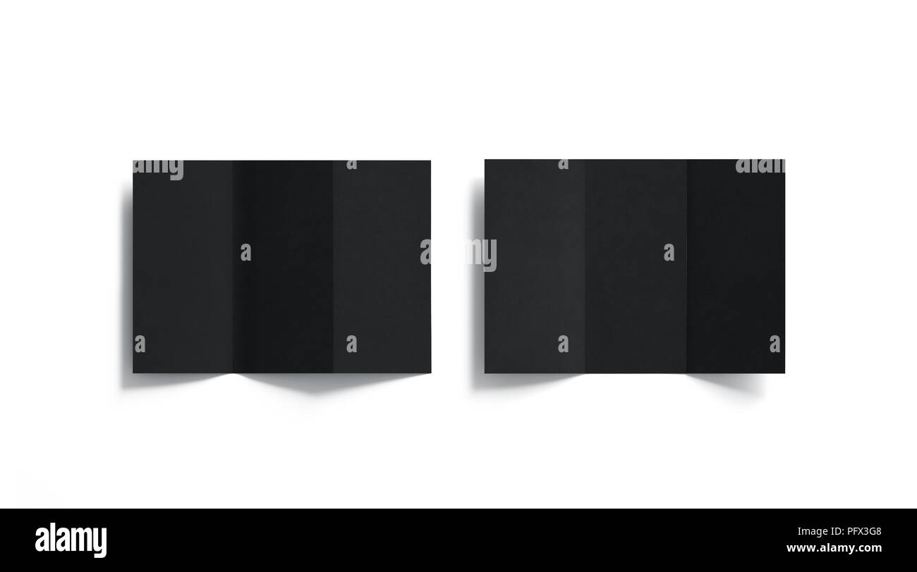Noir blanc tri livrets pliés ensemble des maquettes, ouvert vue d'en haut, rendu 3d. Les brochures ordinaire ensemble les maquettes isolés. Couverture de livre et trois flier Banque D'Images