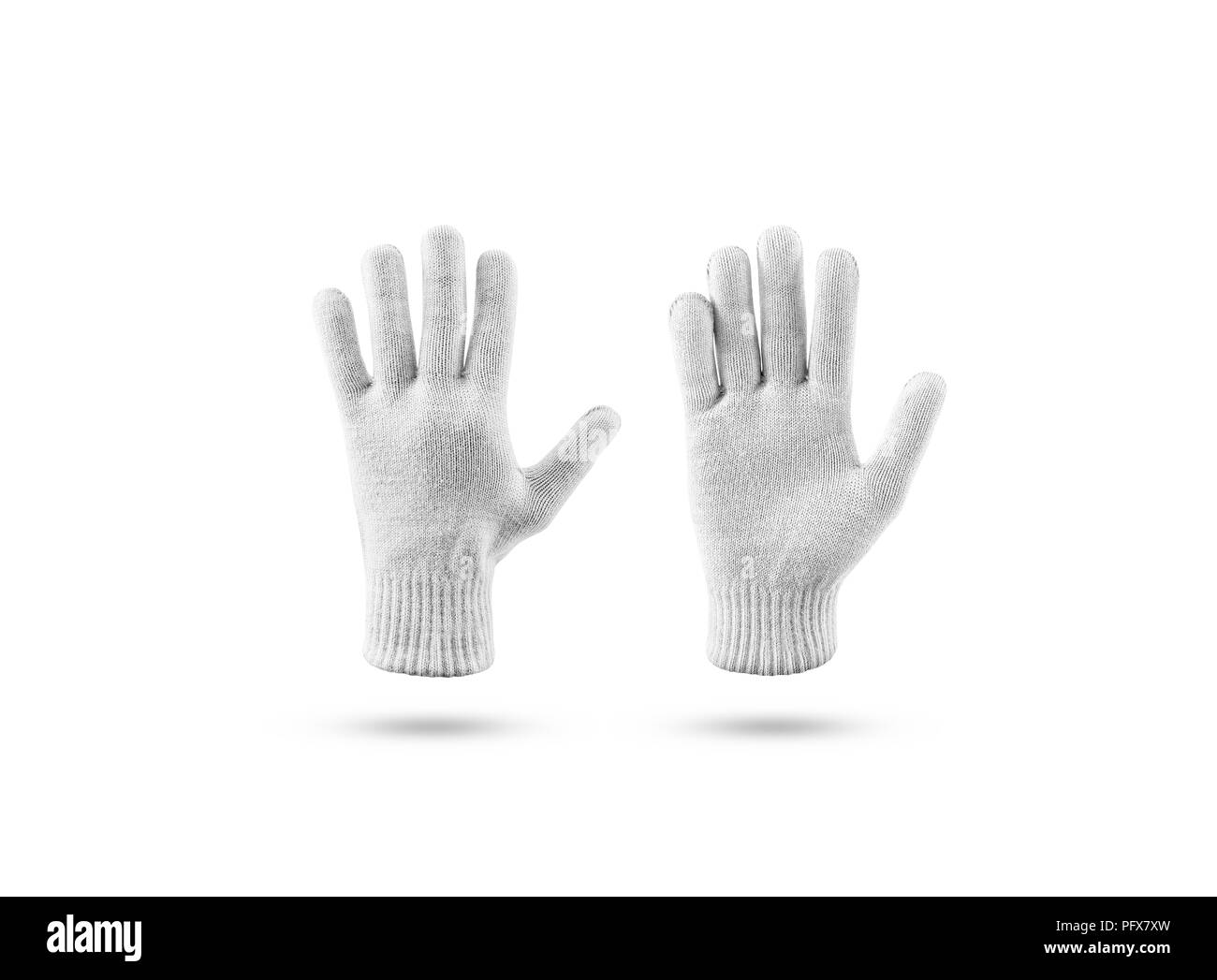 Gants d'hiver en tricot blanc ensemble la maquette, avant et arrière vue de côté. Ski ou Snowboard claire mitaines immersive, isolé sur blanc. Modèle de conception de vêtements chauds. Accessoire de marque présentation du bras Banque D'Images