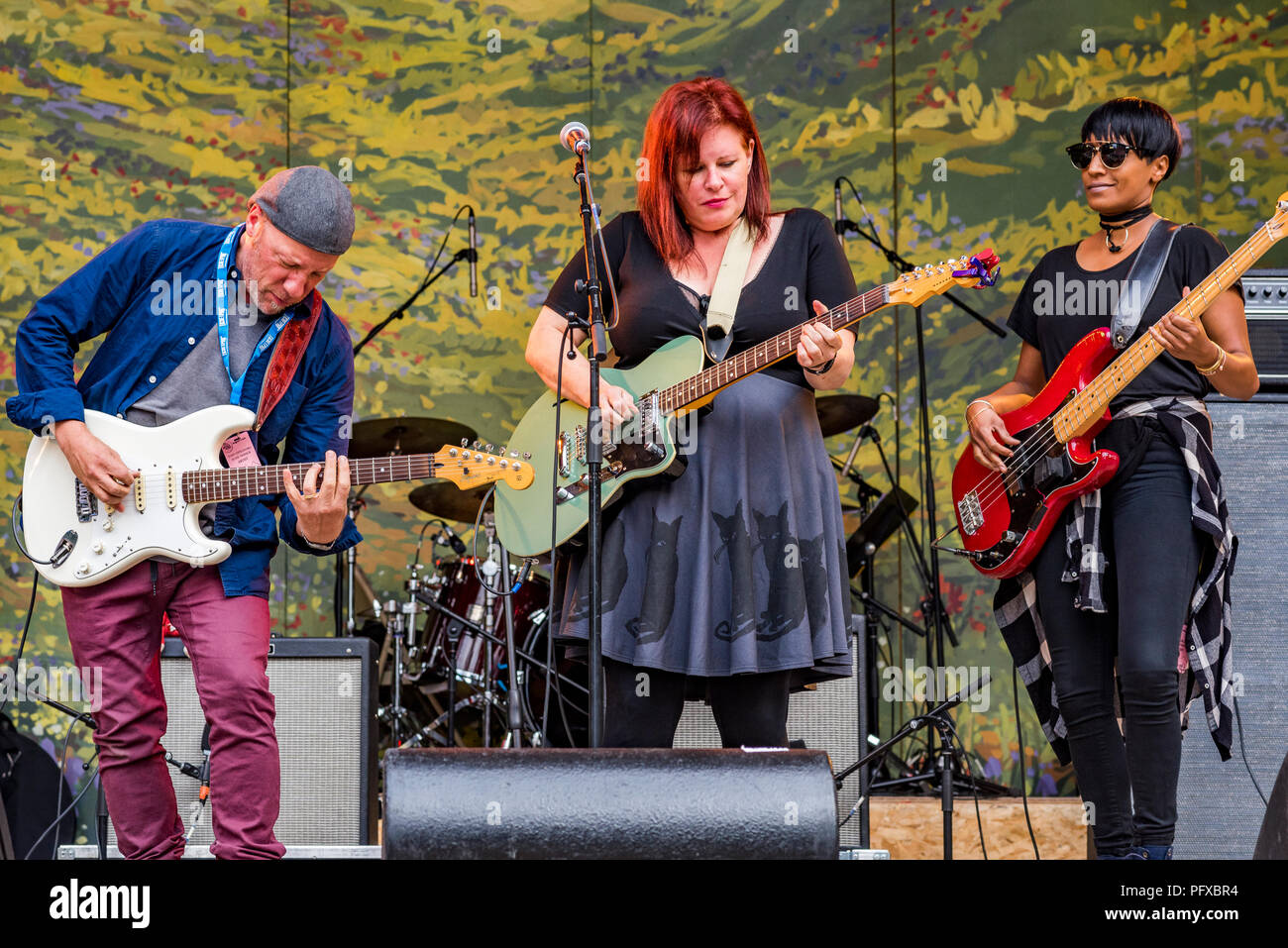 Le guitariste chanteur de blues effectue Suzie Vinnick à Canmore Folk Music Festival, Canmore, Alberta, Canada. Banque D'Images