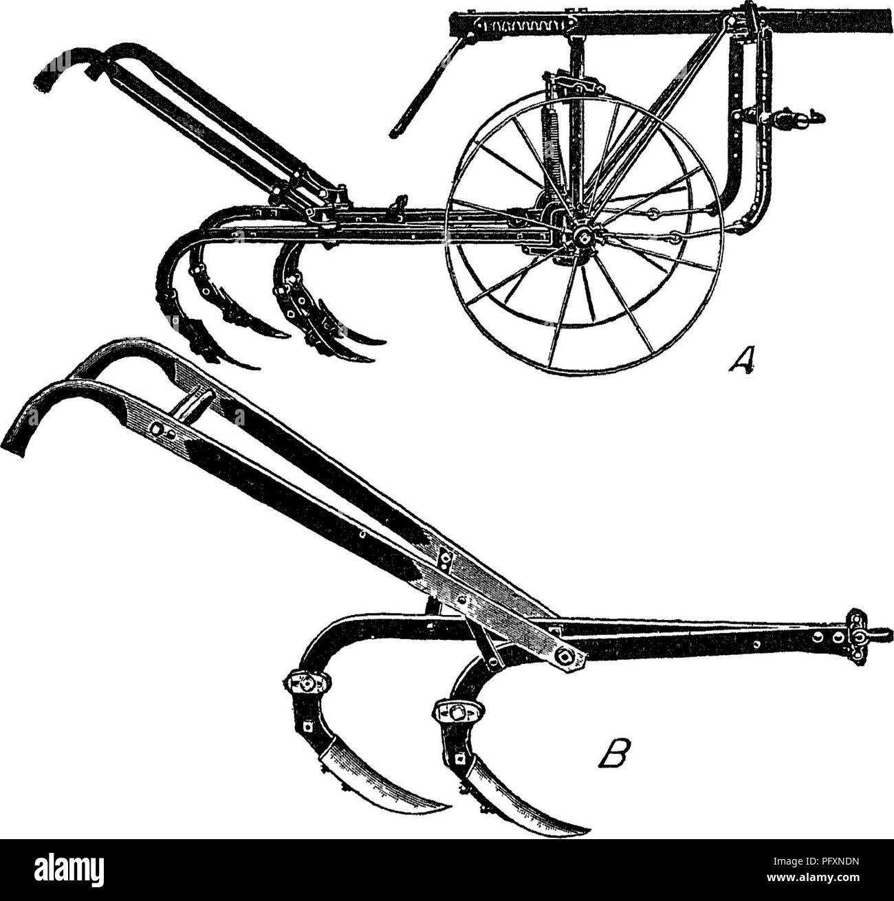 . La productivité des sols ; les éléments fondamentaux de la réussite de la gestion des sols et à la rentabilité de la production agricole. Les sols. 166 l'ameublissement du sol et tuer les mauvaises herbes dans le troisième odieuse façon par suite de l'été, le chiendent et le chardon du Canada en particulier. La culture pour conserver l'humidité doit être fait avant que les terres est autorisé à sécher. Un bon paillis doit être préparé dès le début d'une période de sécheresse.. Fig. 110 -Deux autres types de marche d'un cultivateur, quatre-pelle, B, deux produc- pelle-tor, ou double charrue pelle JS est un pratiquant couramment utilisés dans les cultures du Sud sur des sols lourds sont mieux cultivées, especiall Banque D'Images
