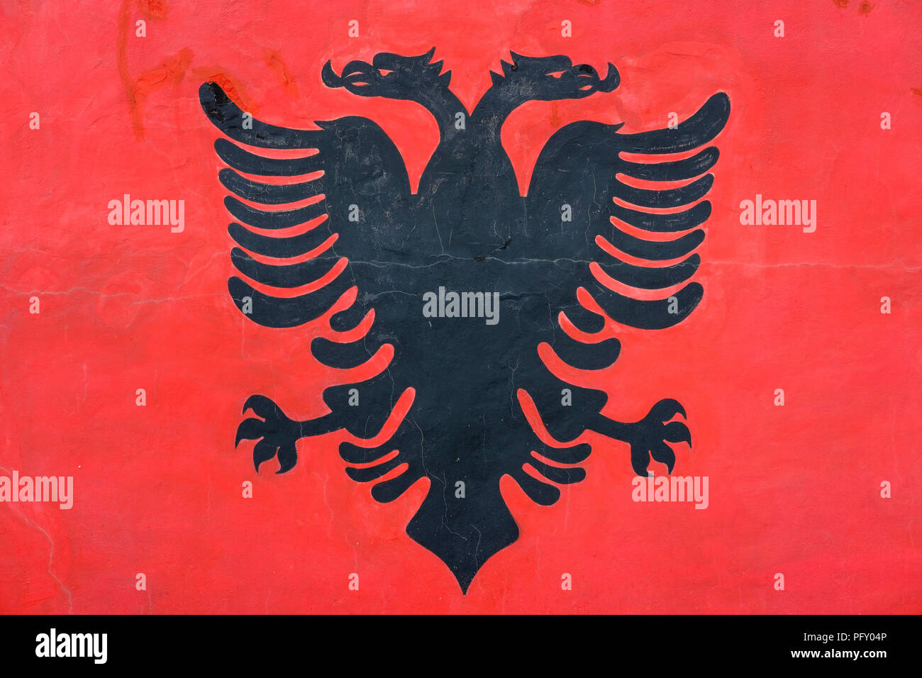 Aigle bicéphale, drapeau albanais peint sur mur, Kuçova, Albanie Banque D'Images
