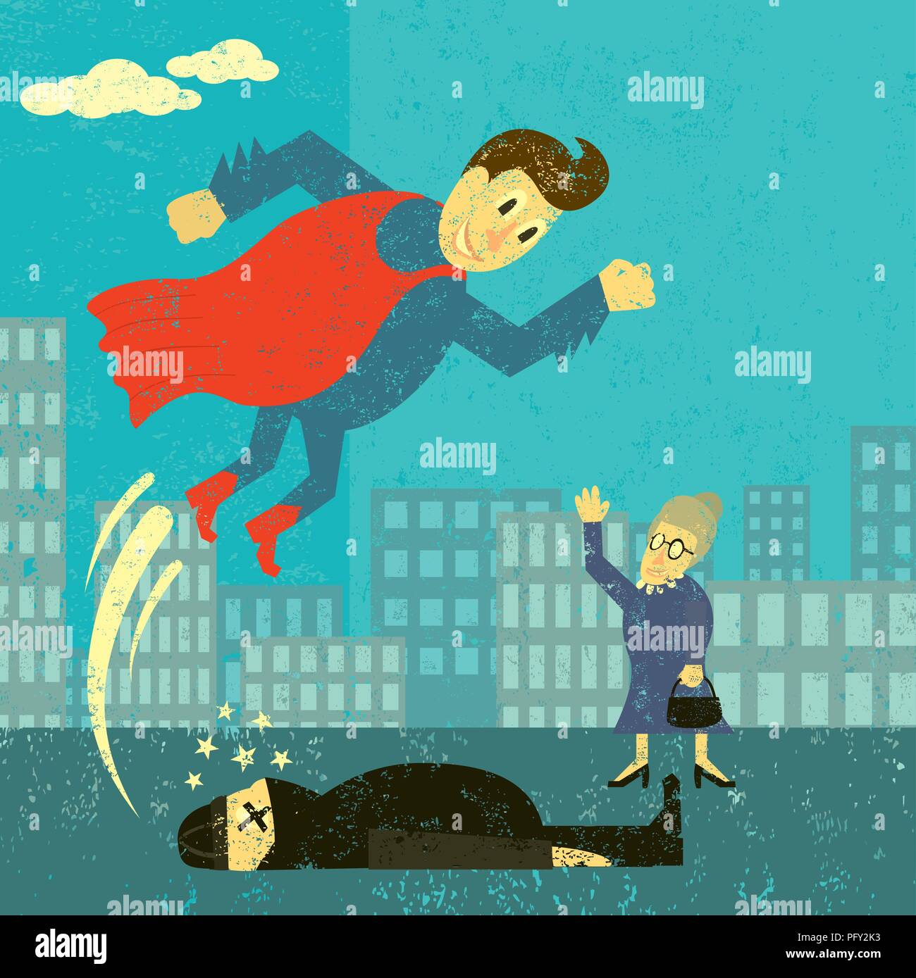 Super héros sauve la journée. Un super héros sauve une femme âgée d'un voleur. Illustration de Vecteur