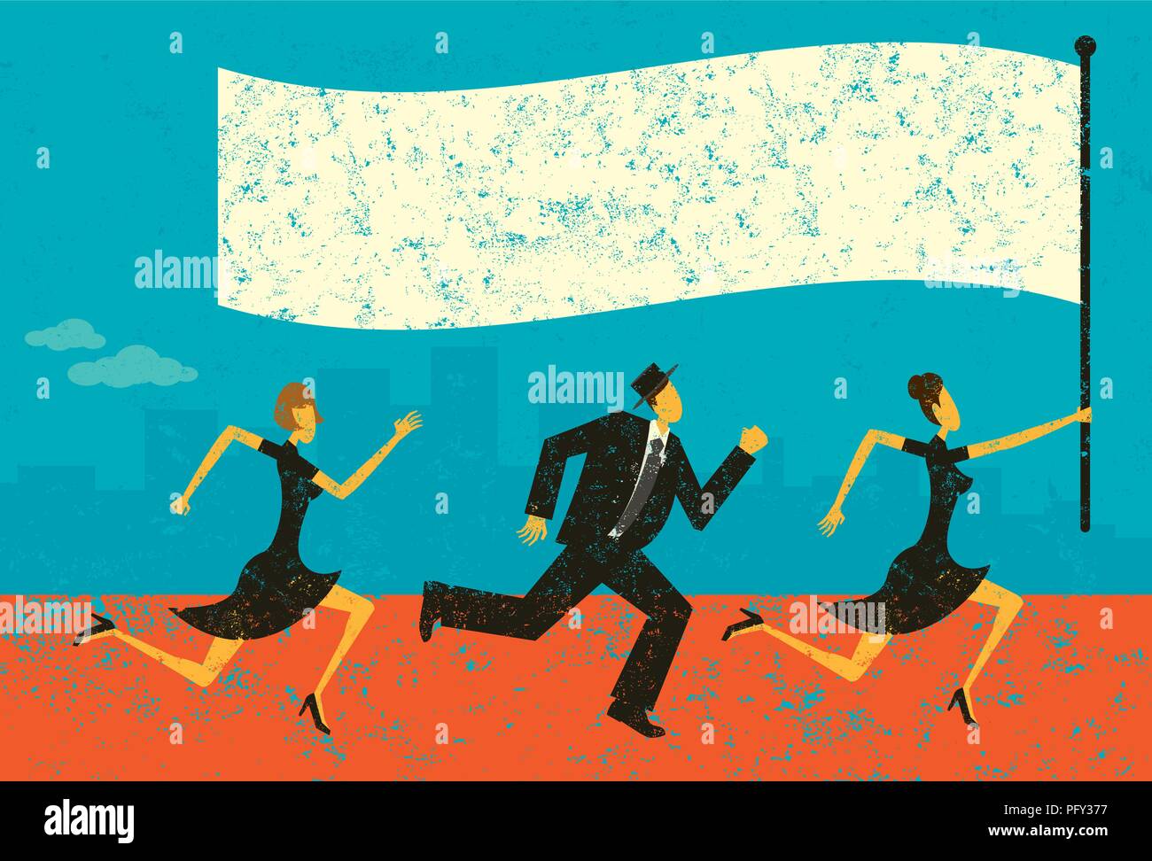 Chef d'entreprise. Les gens d'affaires à la suite de leur chef portant un drapeau. Illustration de Vecteur
