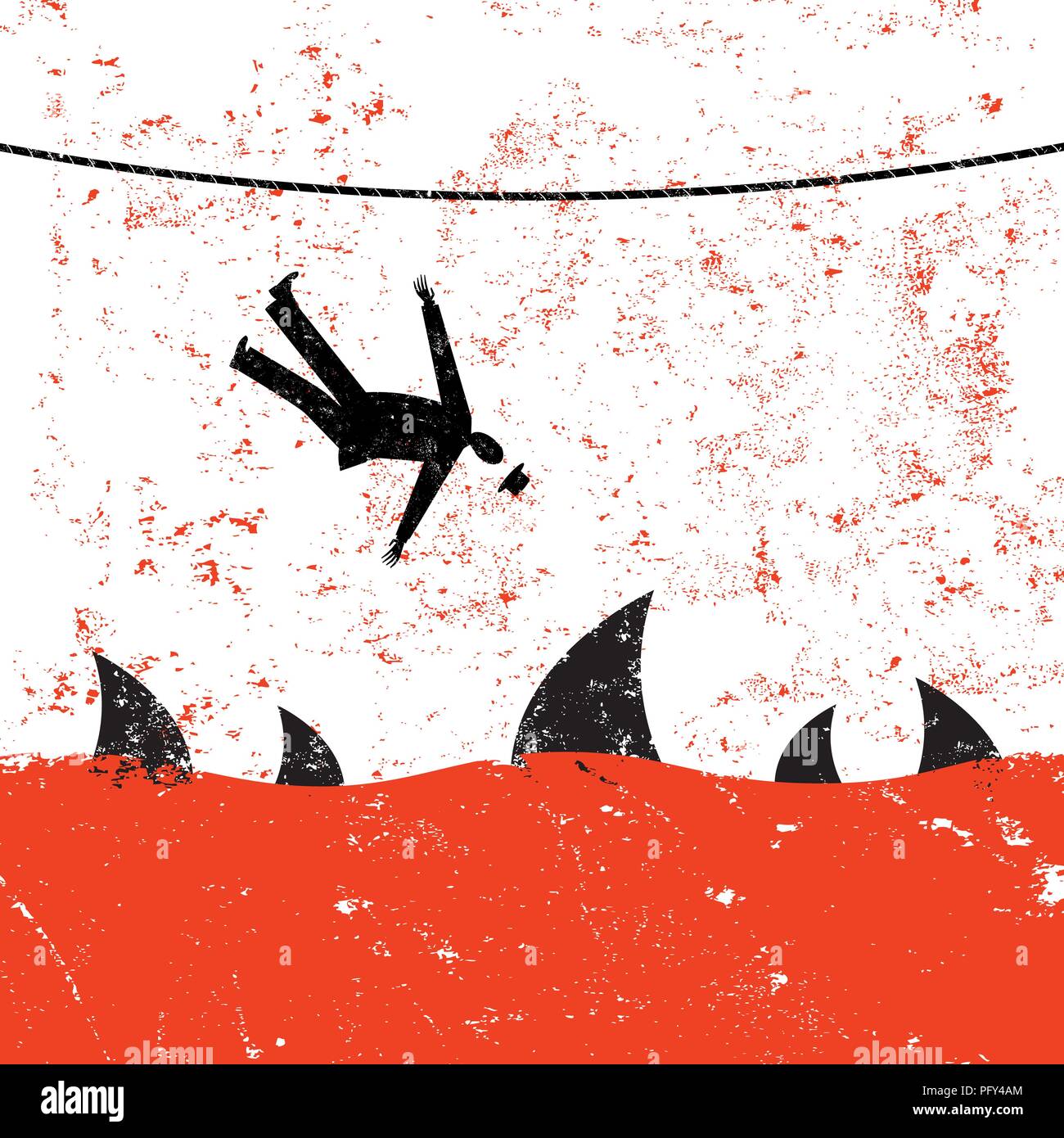 La chute d'un funambule. Un homme d'rétro la chute d'un funambule dans les eaux infestées de requins. Illustration de Vecteur