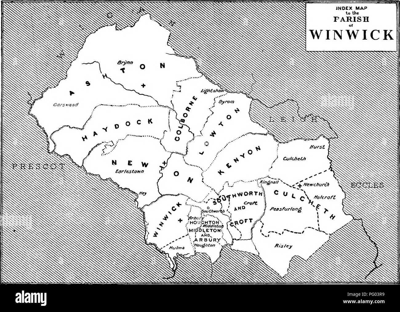 . L'histoire de Victoria du comté de Lancaster ;. L'histoire naturelle. WEST DERBY CENT WINWICK L'une des grandes routes du sud vers le nord a de tout temps mené par Winwick, Newton, et Ashton, et il y a plusieurs tumuli et autres vestiges antiques. L'enquête montre qu'une grande partie de la surface était composée de forêts, et en préserve la Garswood Ashton nom de partie. Dans la guerre civile, deux combats ont eu lieu près de Winwick. Dans les temps plus modernes mines de charbon ont été travaillé et fabrique a introduit, et Earlestown a grandi autour du wagon-travaux de Banque D'Images