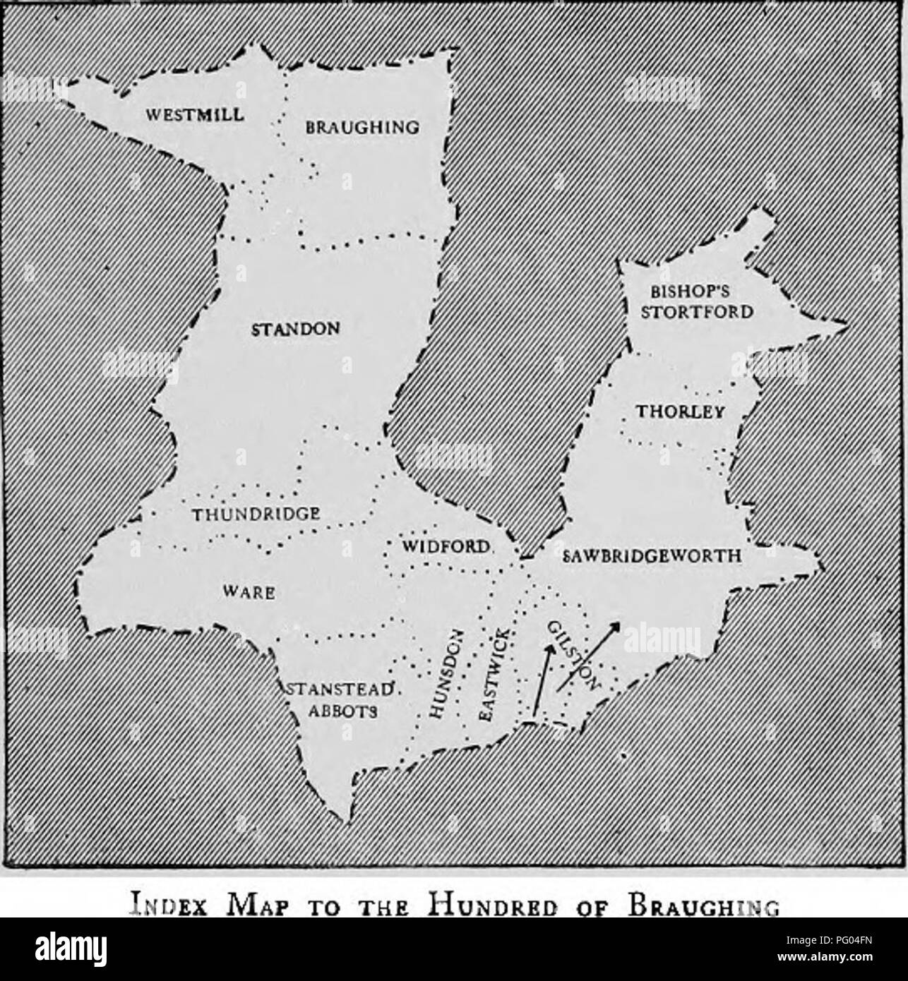 . L'histoire de Victoria le comté d'Hertford. L'histoire naturelle. La CENTAINE DE BISHOP'S STORTFORD BRAUGHING BRAUGHING EASTWrCK GILSTON HUNSDON STANDON SAWBRIDGEWORTH STANSTEAD ABBOTS THORLEY THUNDRIDGE WESTMILL WIDFORD Braughing WARE Cent est grand salon en proportion du nombre de ses paroisses. La limite a peu changé depuis les premiers enregistrements d'elle. Et Widford Cockhamsted ont tous deux dans Edwinstree cent en 1086, mais des évaluations de la 14e siècle montrent que Widford avaient été transférés à Braughing avant cette date,1 tout en Cockhamsted plus tard ne semble pas avoir eu Banque D'Images