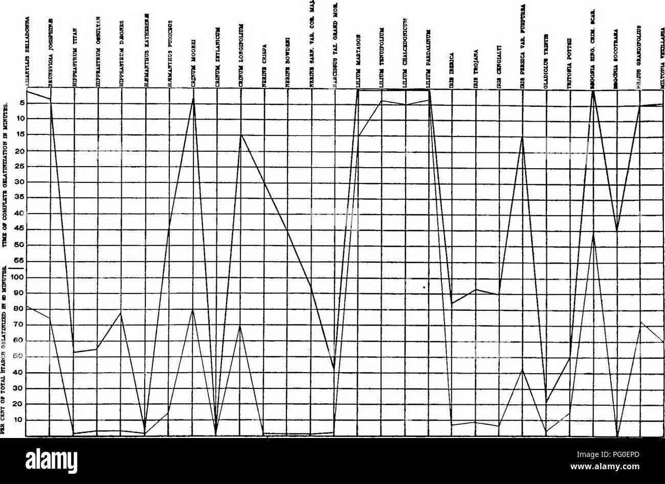 Cette illustration démontre des concepts biochimiques pour étudier la taxonomie, l'hérédité et l'évolution, en se concentrant sur les amidons et les hémoglobines chez les plantes et les hybrides. Il comprend les réactions avec l'acide nitrique et le citrate de cobalt, comme indiqué dans le tableau. Les images peuvent avoir été améliorées numériquement pour une meilleure lisibilité, affectant ainsi leur apparence d'origine. Banque D'Images